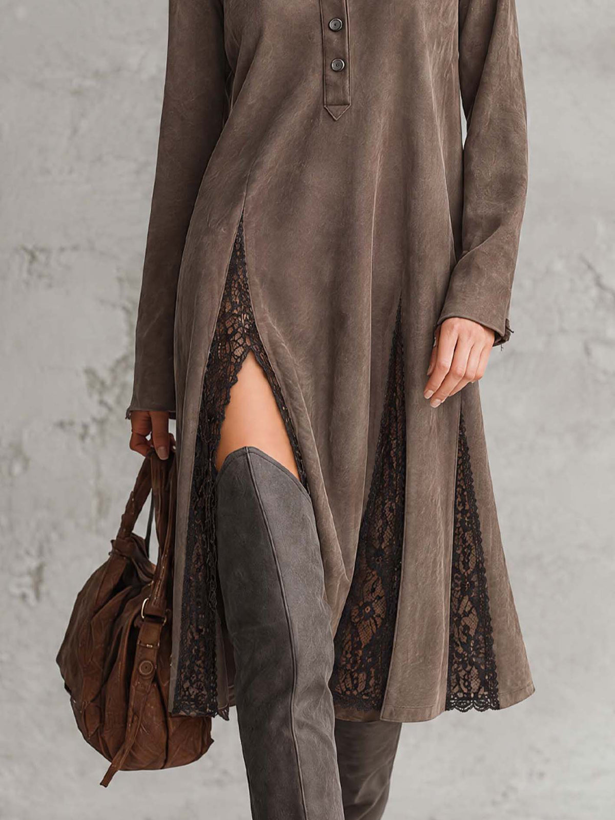 Taupe Faux Suede Midi Dress With Sheer Black Lace Panels And Button Placket