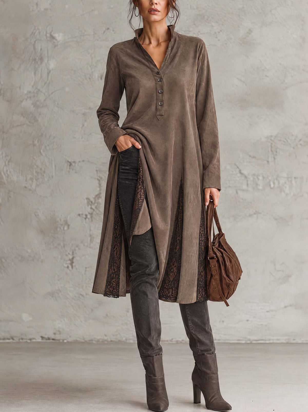 Taupe Faux Suede Midi Dress With Sheer Black Lace Panels And Button Placket
