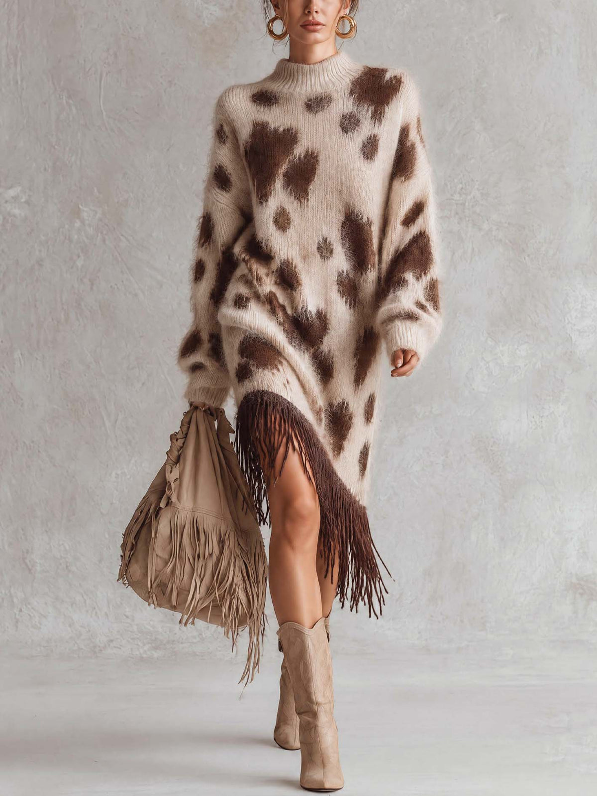 Cream Leopard Print Fuzzy Knit Midi Dress With Fringe Hem