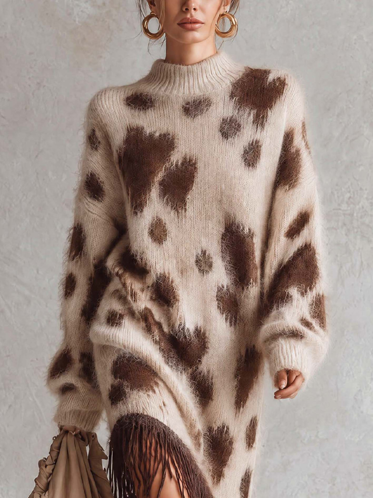 Cream Leopard Print Fuzzy Knit Midi Dress With Fringe Hem
