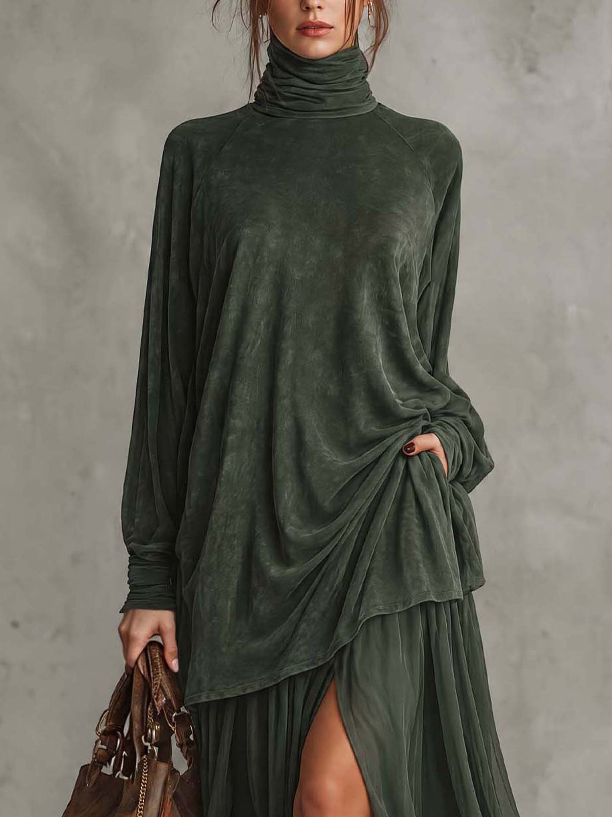 Washed Pine Green Faux Suede Maxi Dress With Turtleneck And Sheer Chiffon Layered Skirt