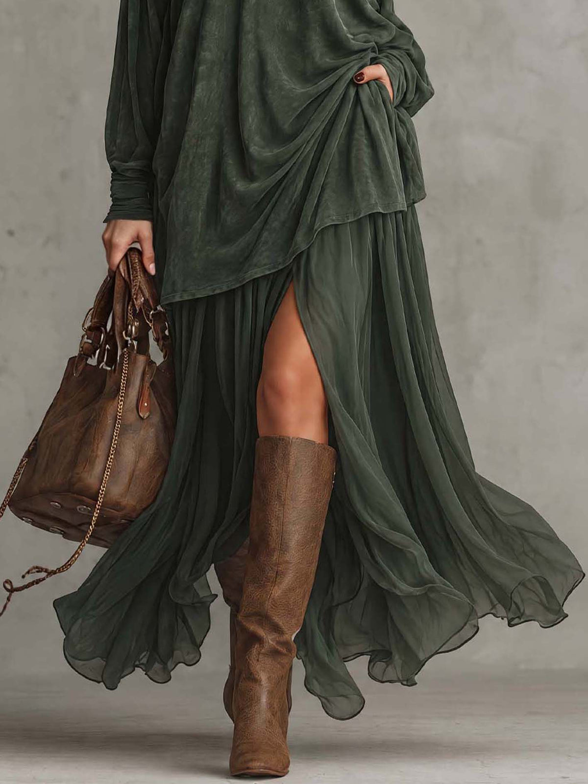 Washed Pine Green Faux Suede Maxi Dress With Turtleneck And Sheer Chiffon Layered Skirt