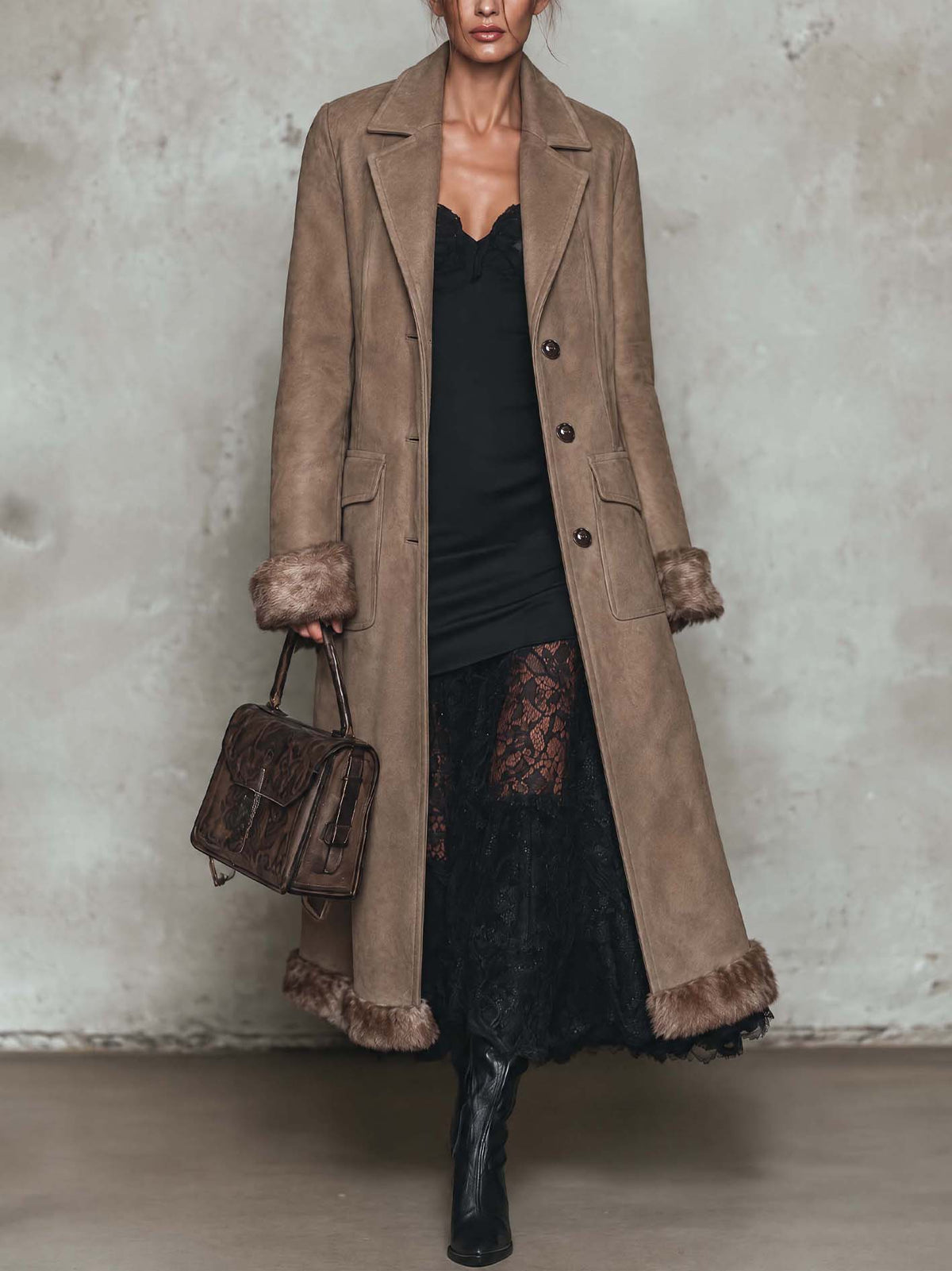 Taupe Faux Suede Longline Coat With Faux Fur Cuff And Hem Trim