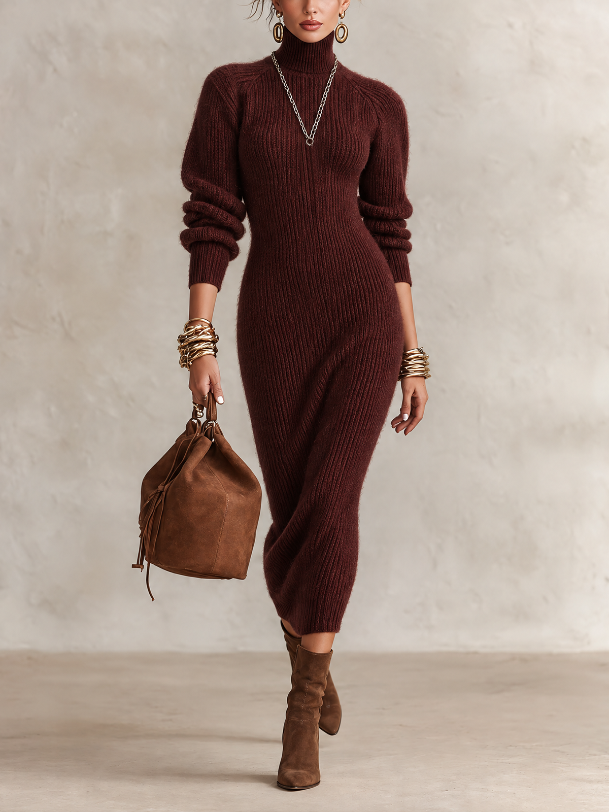 Burgundy Turtleneck Rib Knit Bodycon Midi Dress