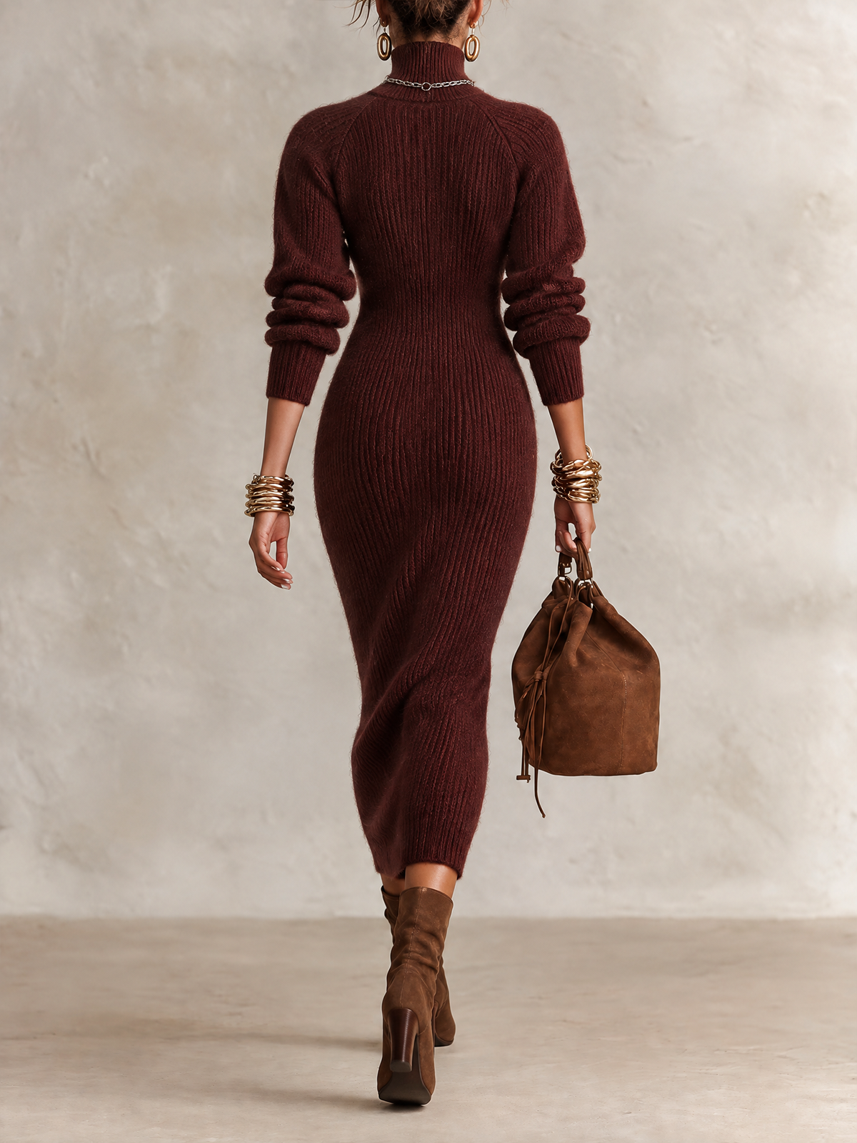 Burgundy Turtleneck Rib Knit Bodycon Midi Dress