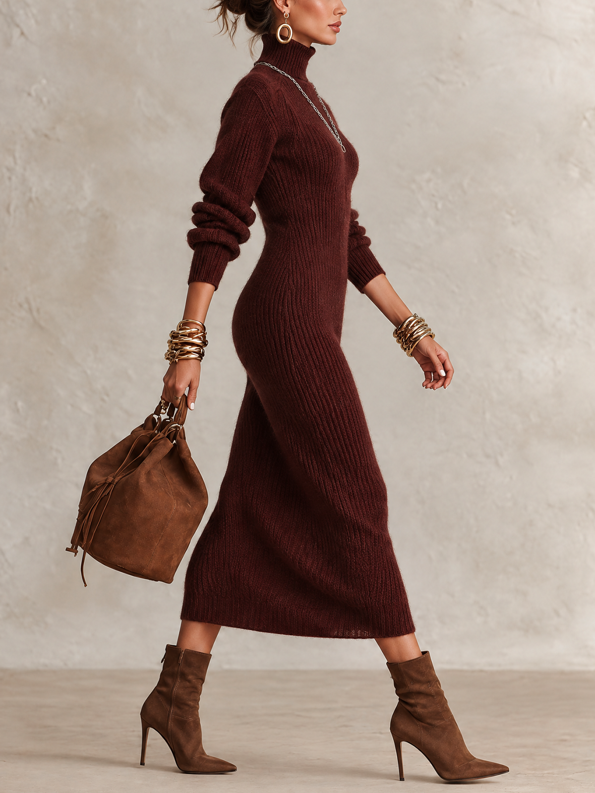 Burgundy Turtleneck Rib Knit Bodycon Midi Dress