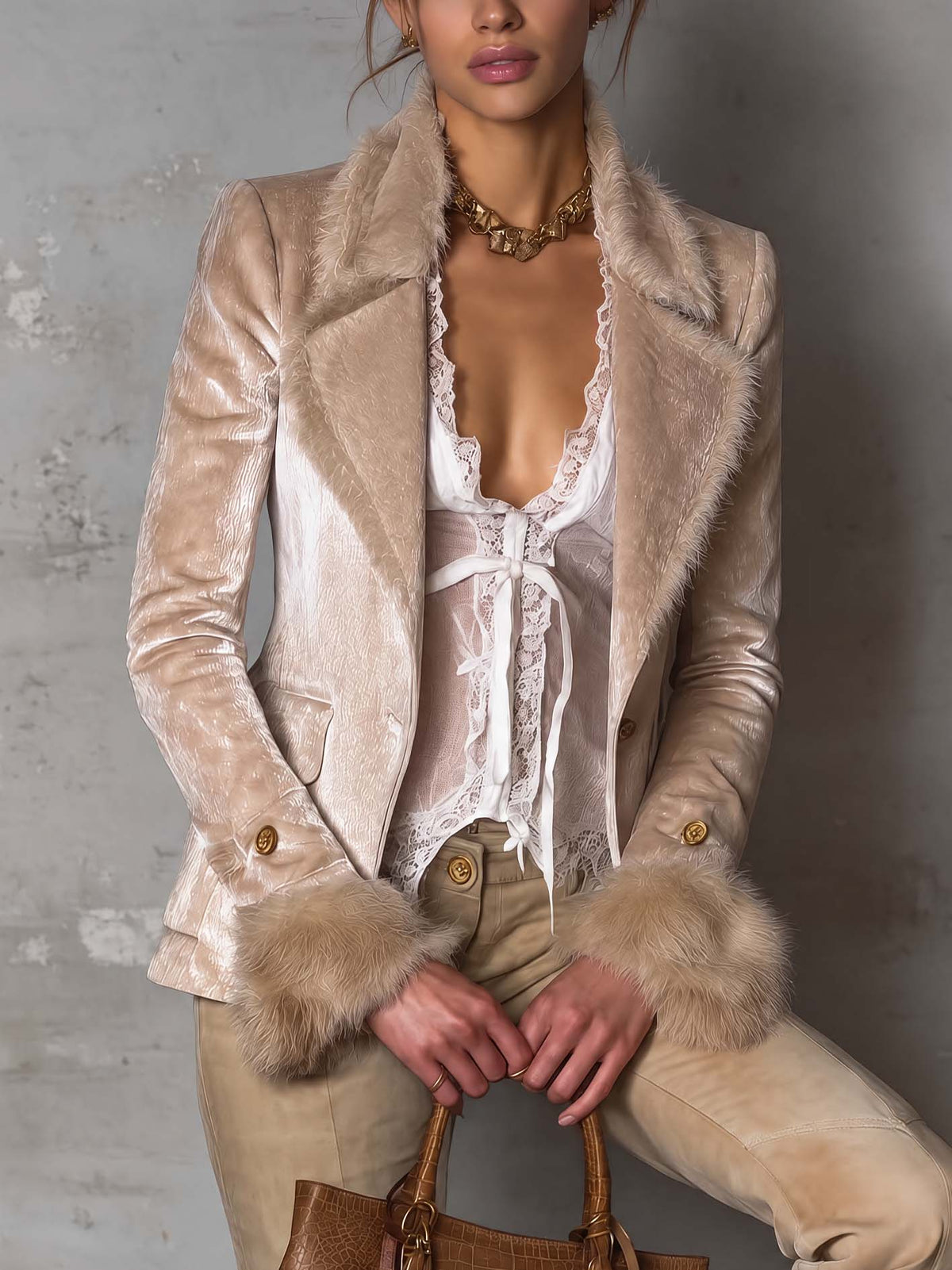 Champagne Crushed Velvet Blazer With Faux Fur Lapel Trim And Fur Cuffs