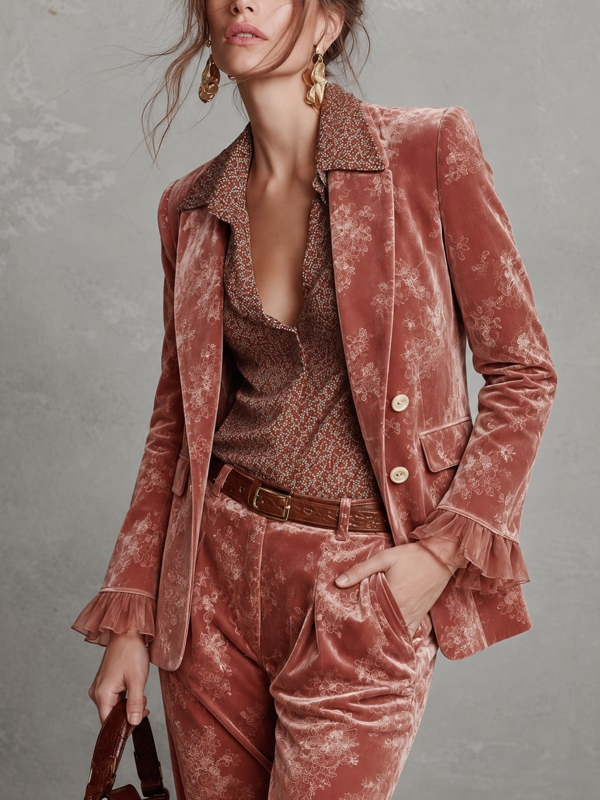 Dusty Rose Floral Print Velvet Blazer With Chiffon Ruffle Cuffs