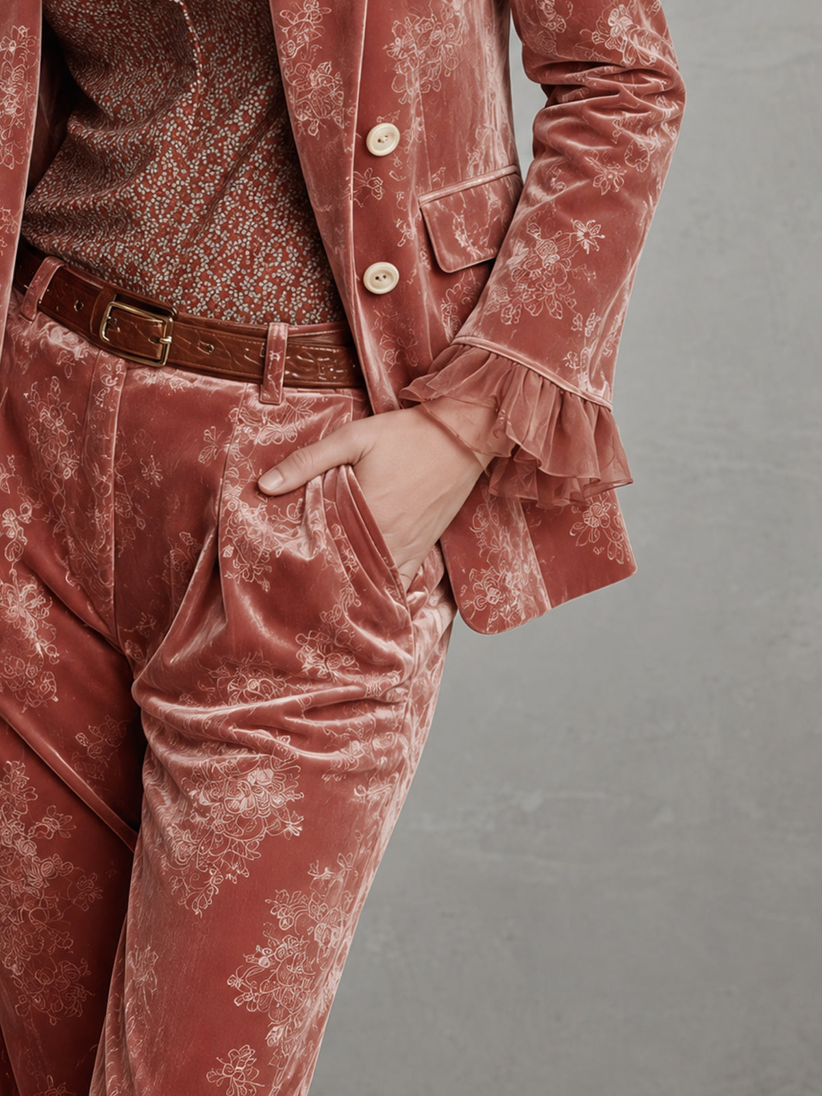 Dusty Rose Floral Print Velvet Blazer With Chiffon Ruffle Cuffs