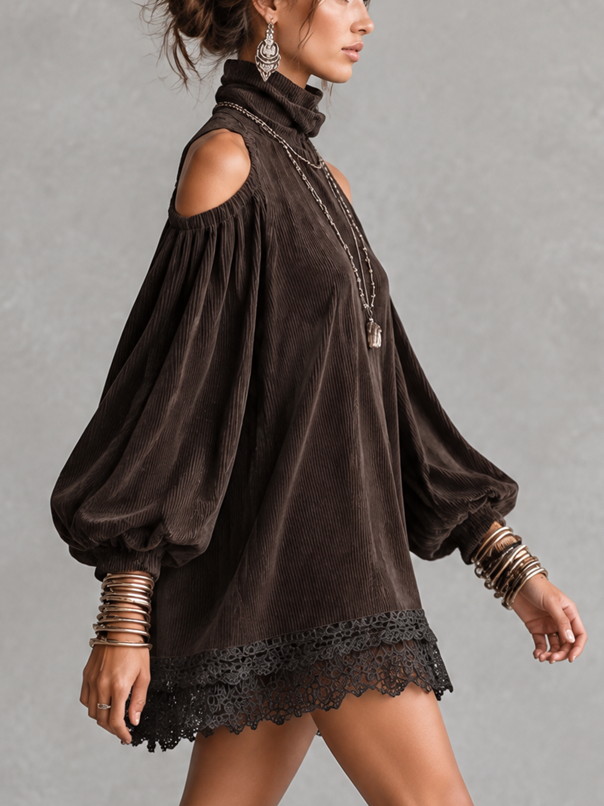 Dark Brown Corduroy Cold Shoulder Turtleneck Lace Hem Mini Dress