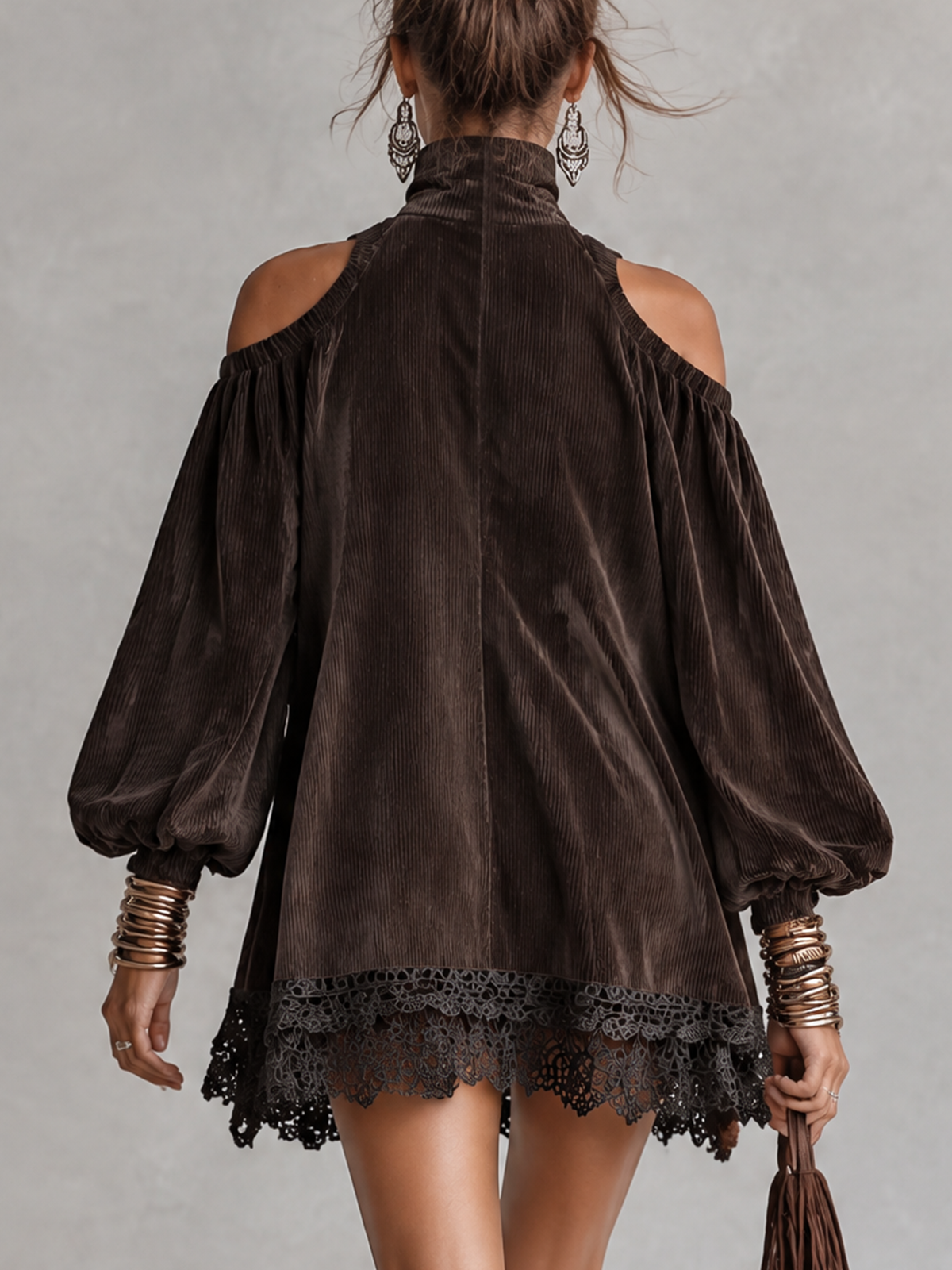 Dark Brown Corduroy Cold Shoulder Turtleneck Lace Hem Mini Dress