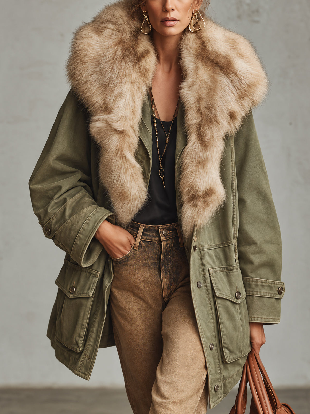 Olive Green Washed Cotton Oversized Parka With Detachable Faux Fur Collar