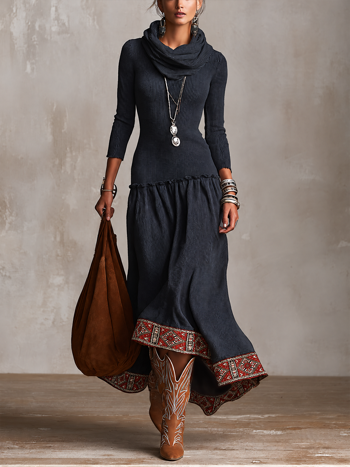 Navy Blue Cowl Neck Rib Knit Geometric Embroidered Maxi Dress