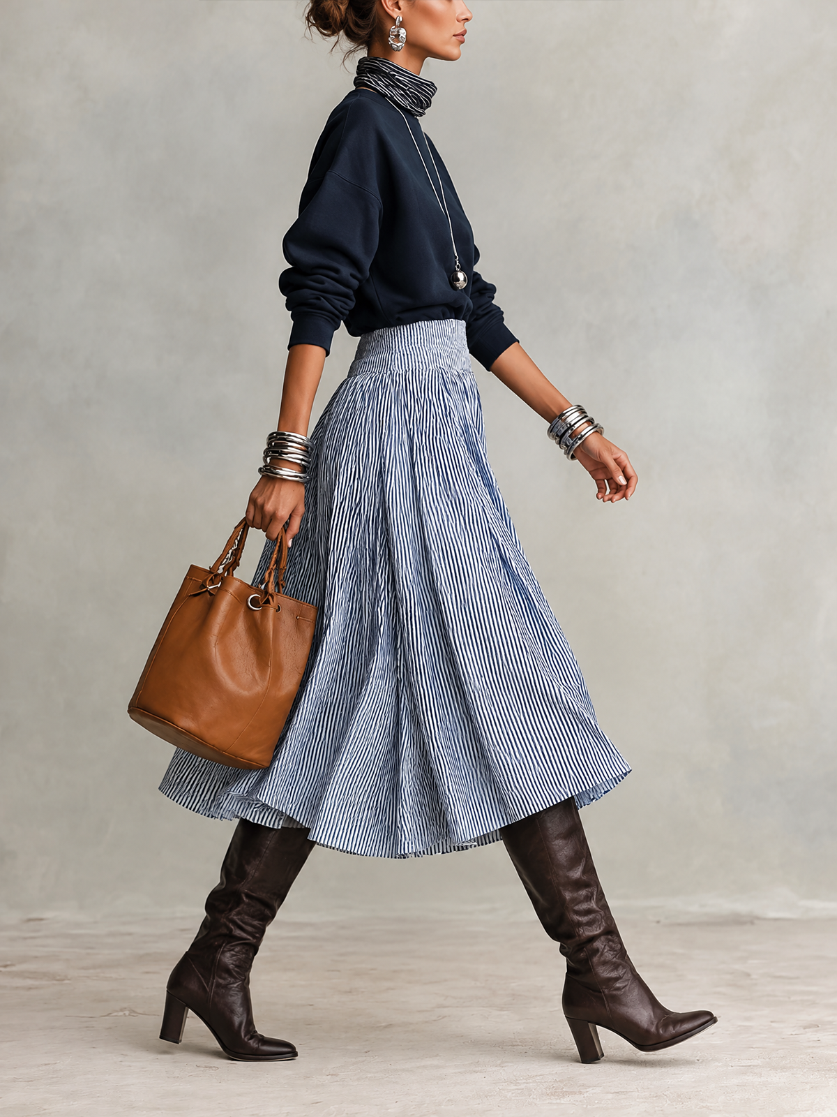 Navy Sweatshirt And Blue White Striped Midi Skirt Set