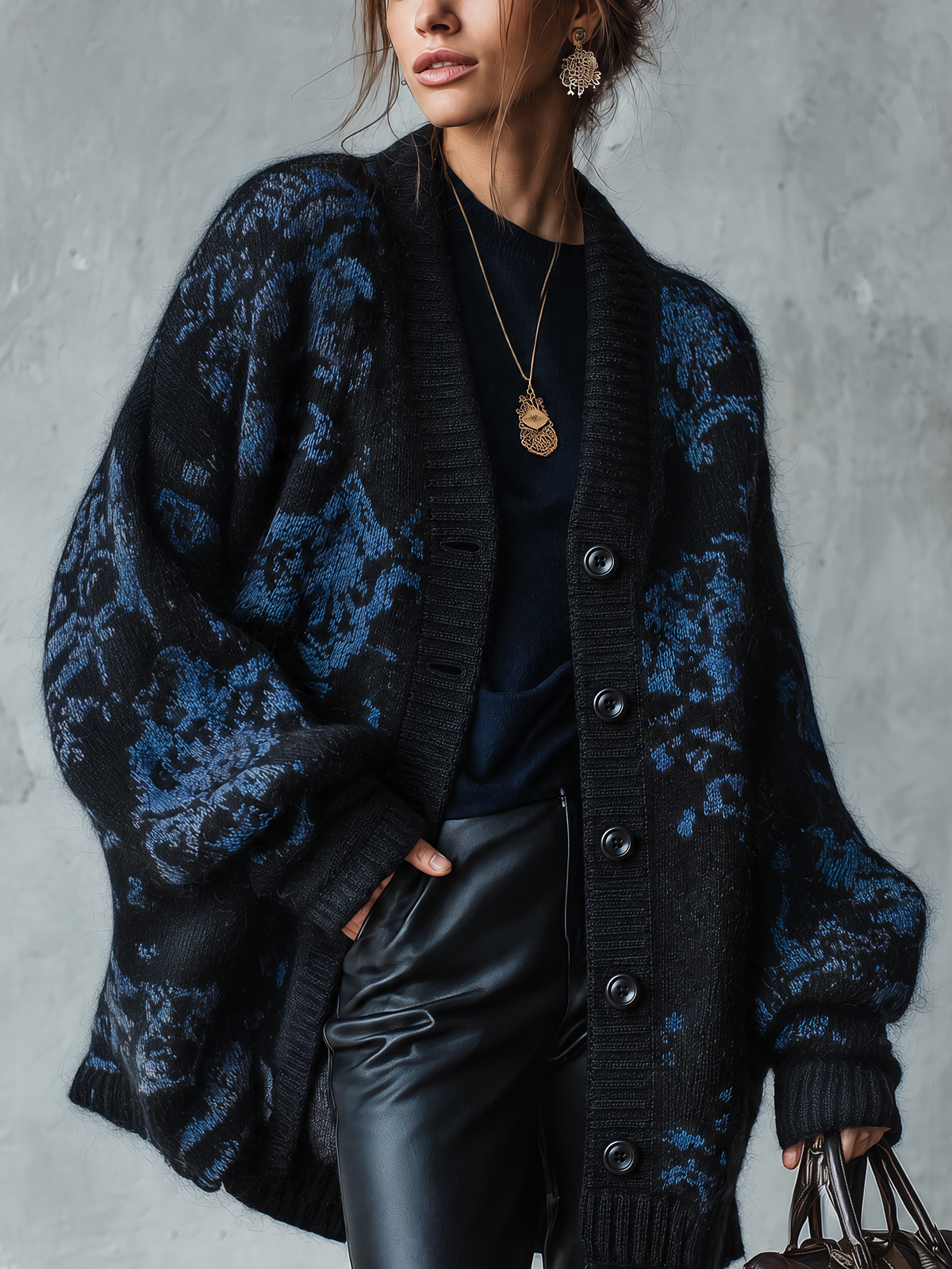 Black Knit Jacquard Cardigan With Blue Floral Pattern