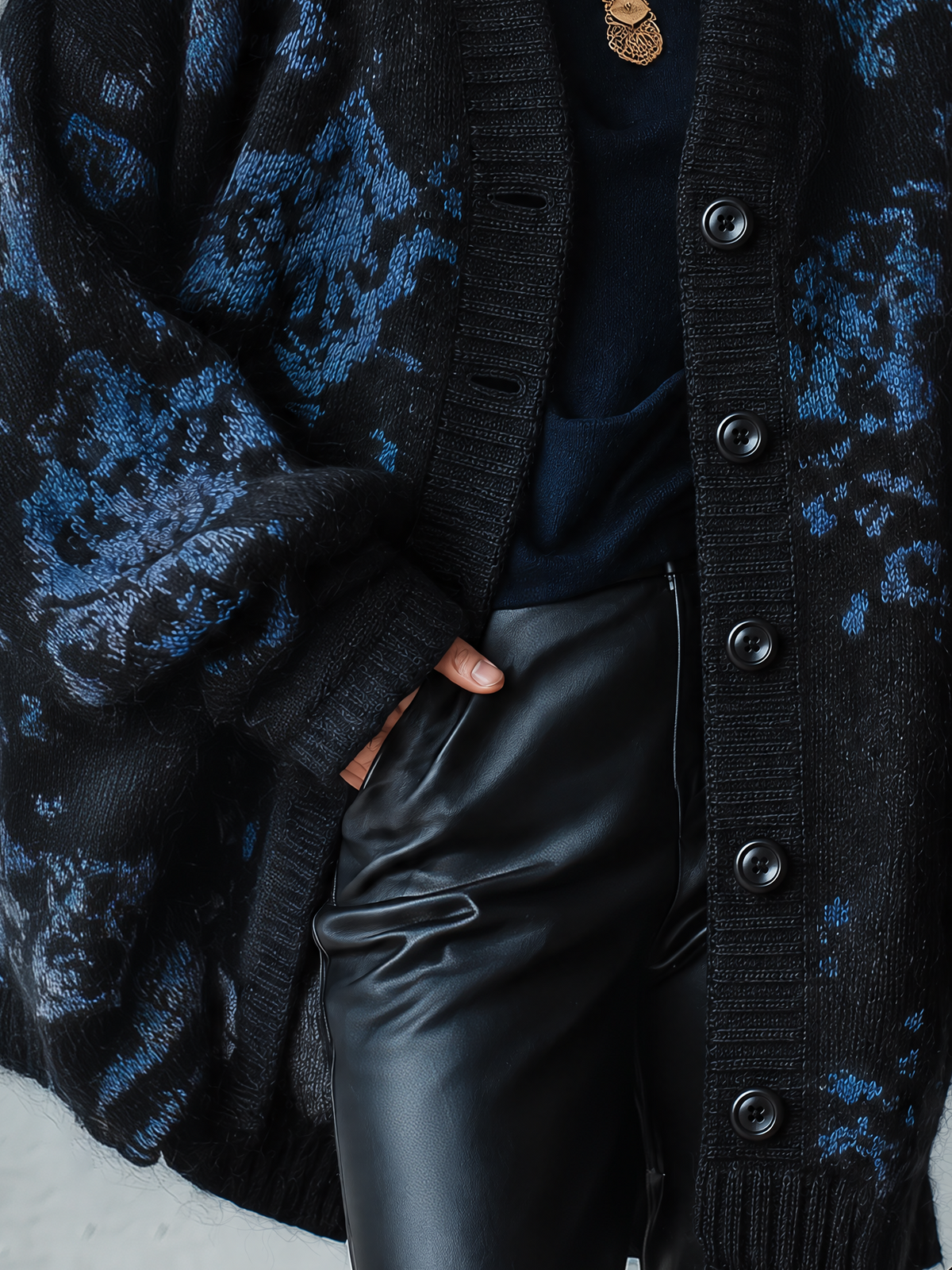 Black Knit Jacquard Cardigan With Blue Floral Pattern