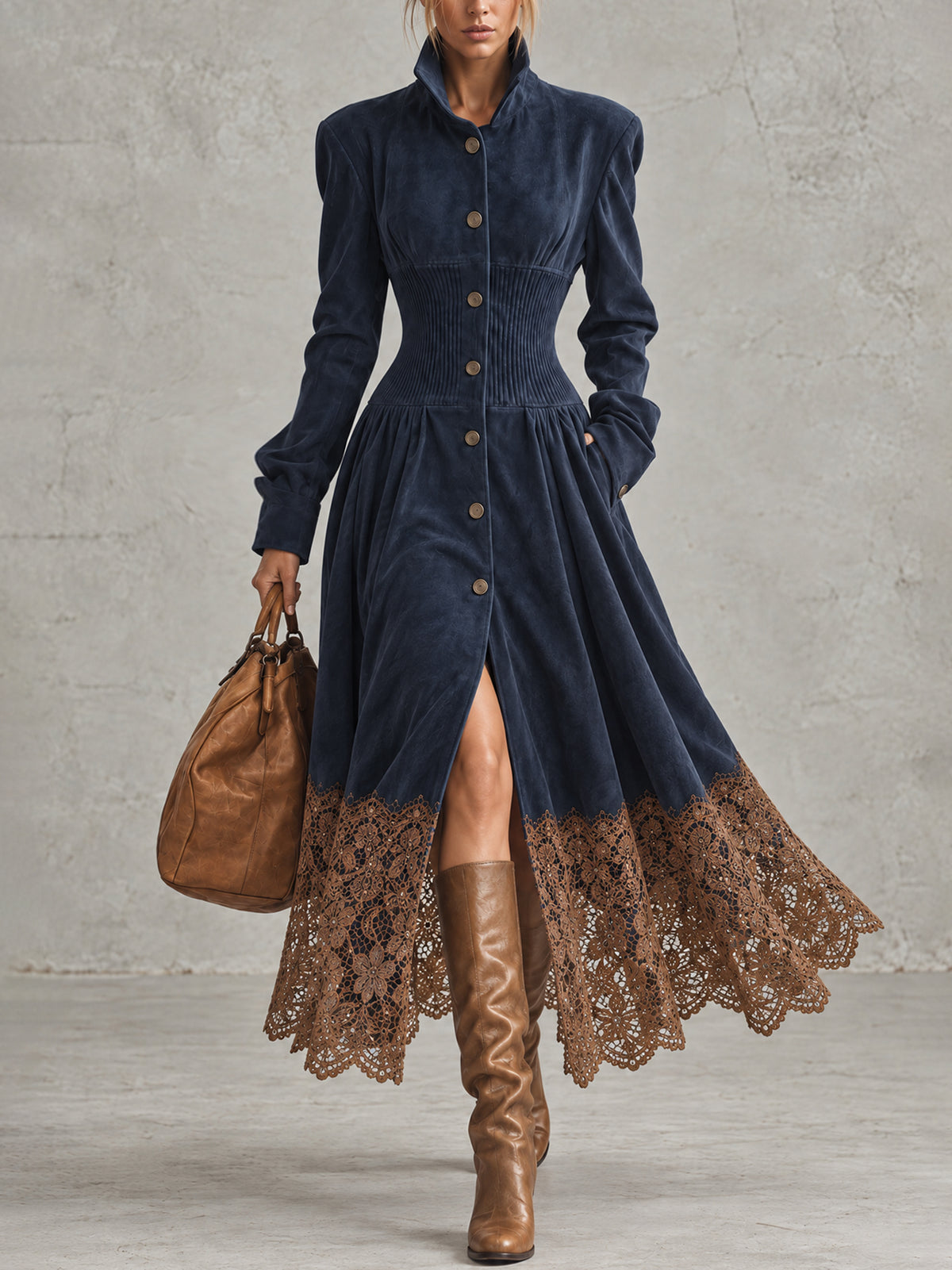 Navy Blue Faux Suede Single Breasted Midi Dress With Brown Lace Hem