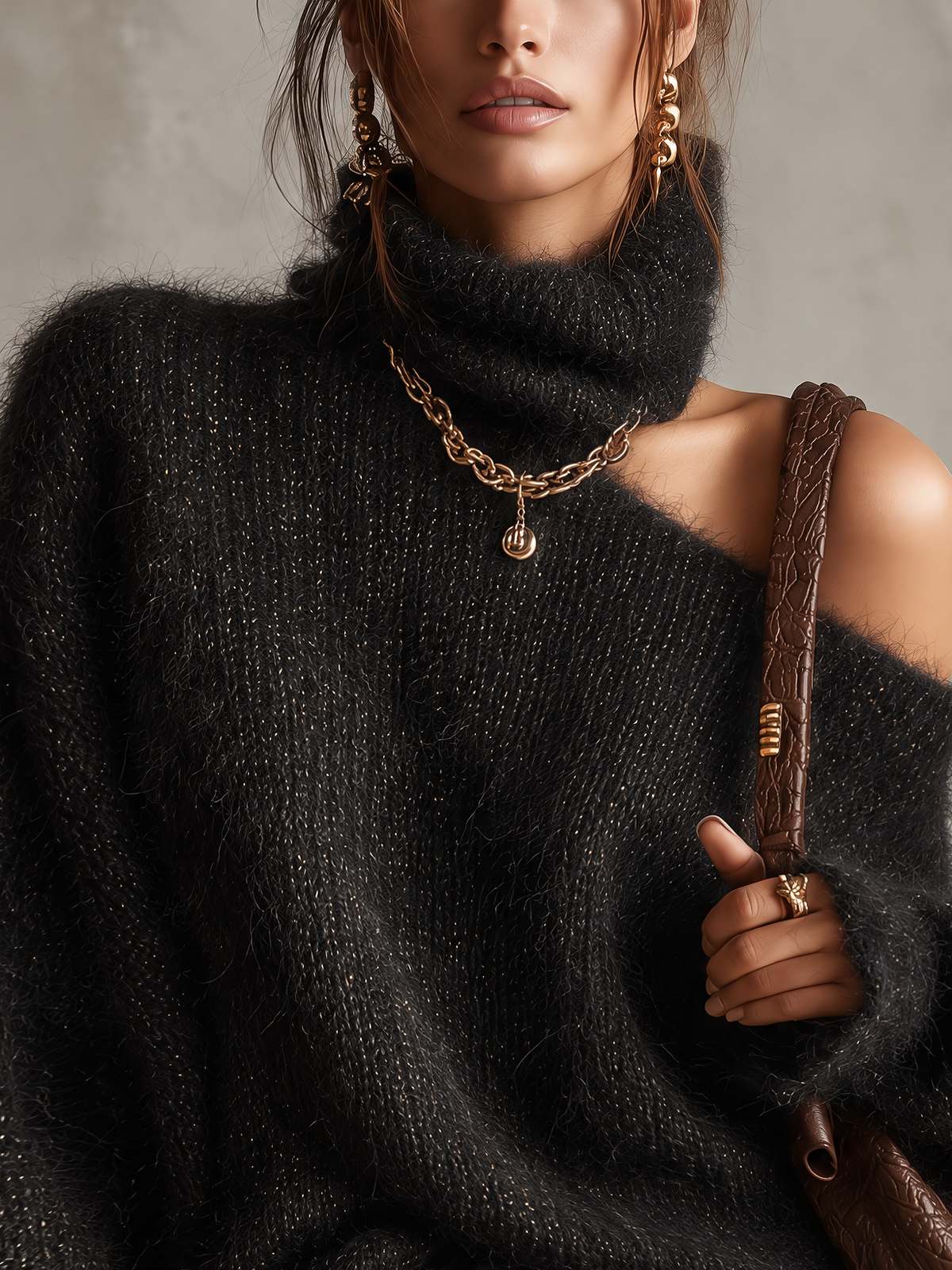 Black Sparkle Knit Off-Shoulder Turtleneck Sweater