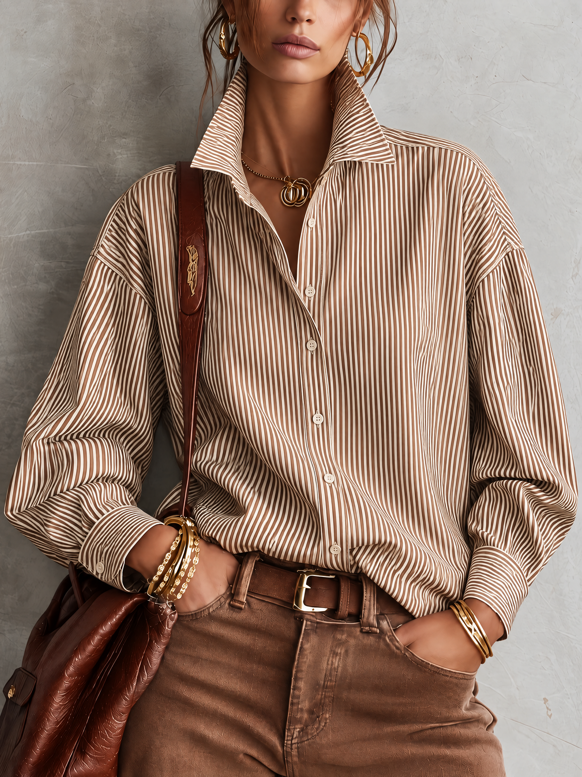 Brown Sparkle Knit Vest And Striped Shirt Two-Piece Set