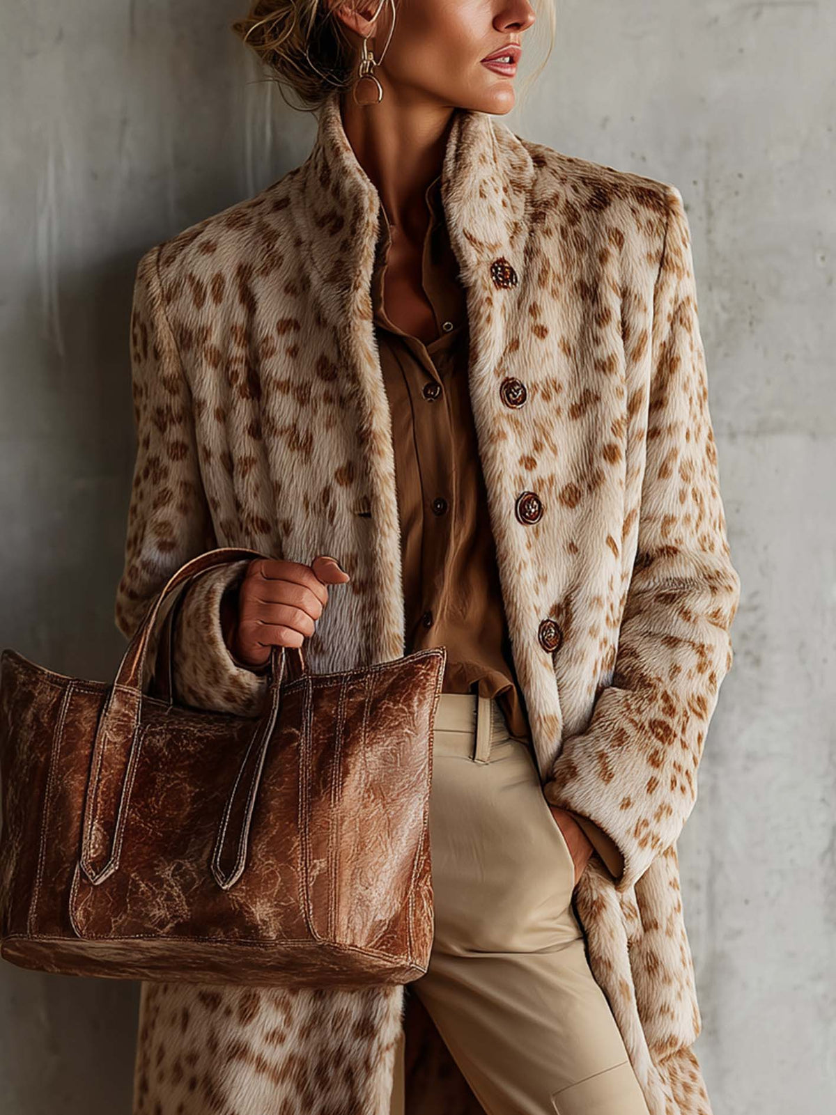 Cream Leopard Print Long-Pile Faux Fur Coat With Stand Collar