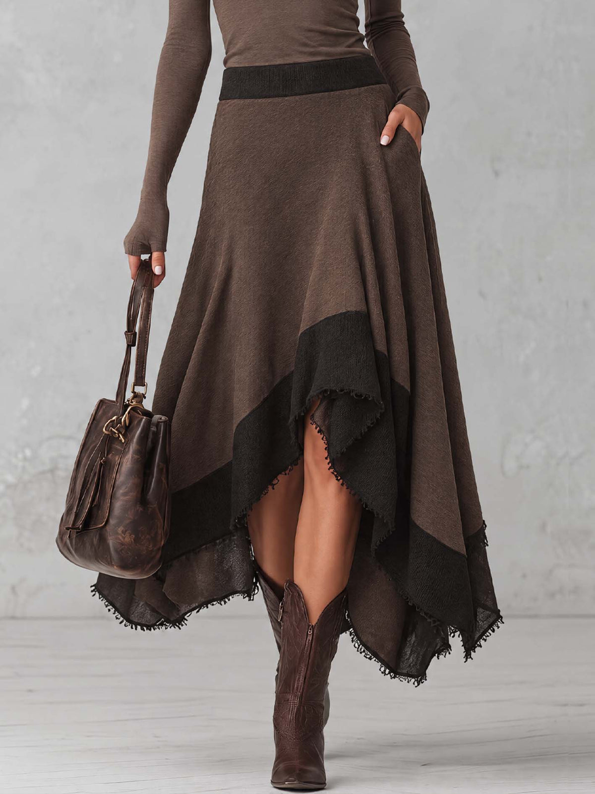 Chocolate Brown Turtleneck Tee And Color Block Wool-Blend Asymmetric Midi Skirt Set