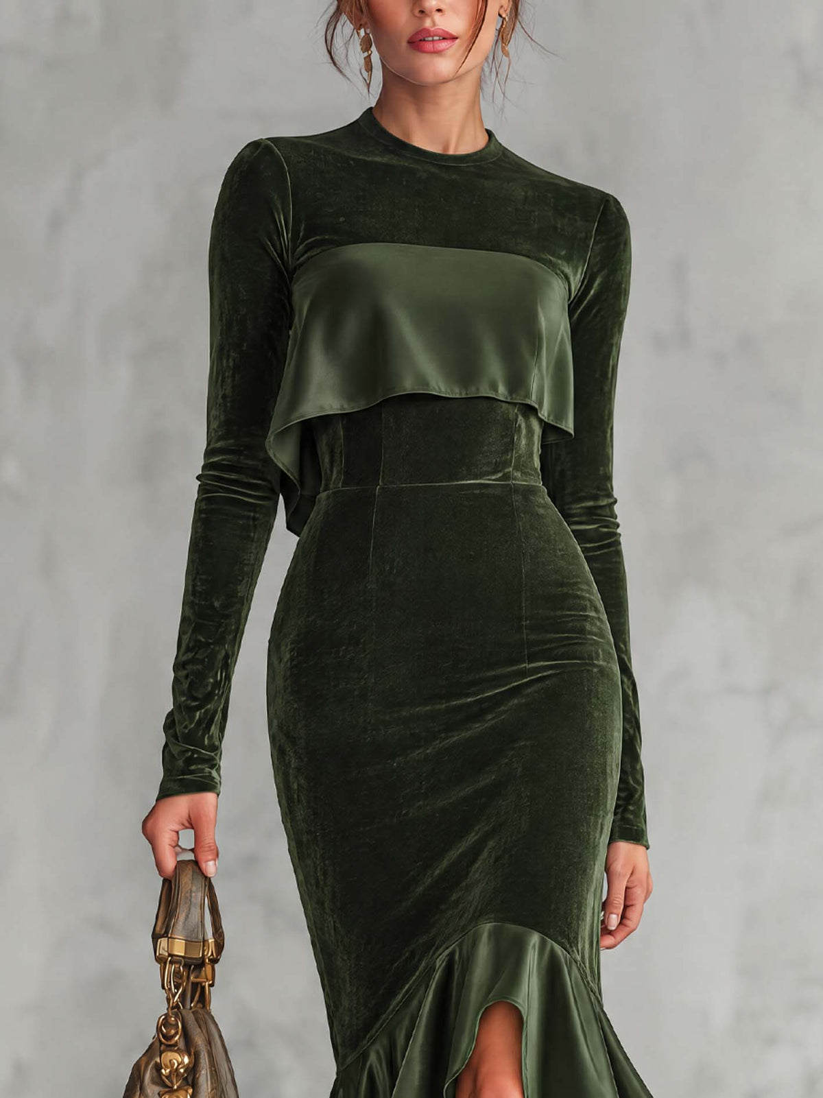 Deep Green Velvet Bodycon Maxi Dress With Satin Cape Panel And Ruffled Hem