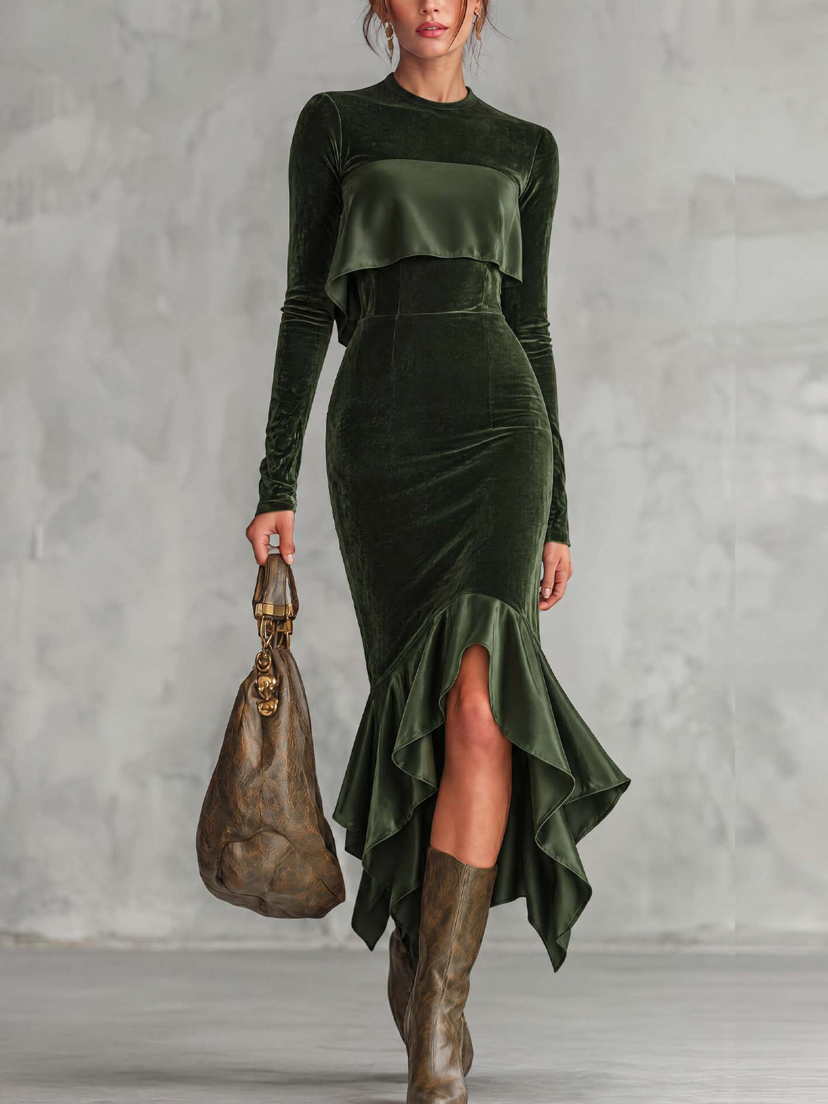 Deep Green Velvet Bodycon Maxi Dress With Satin Cape Panel And Ruffled Hem