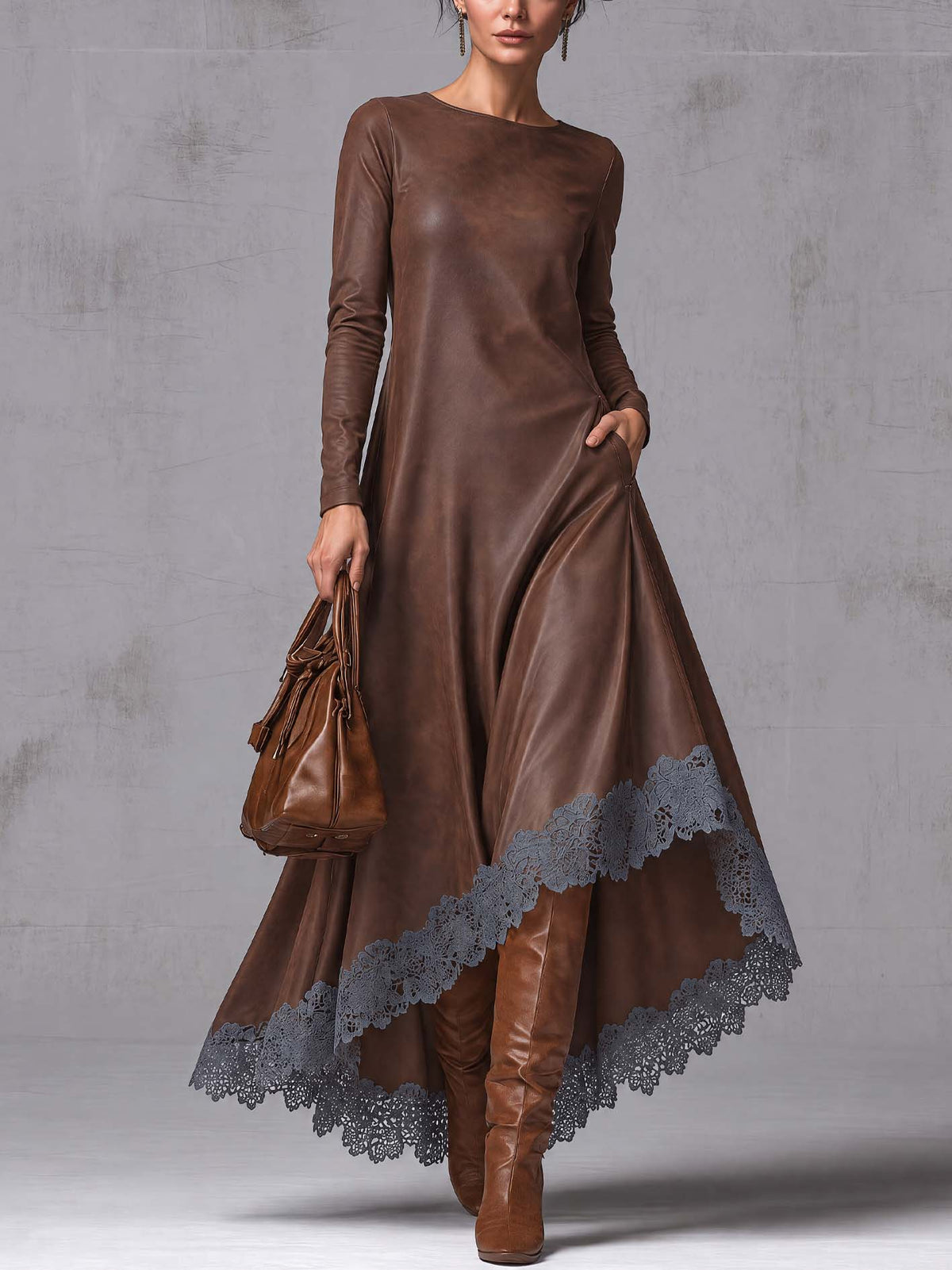 Chocolate Brown Faux Leather Maxi Dress With Lace Trim And Asymmetrical Hem