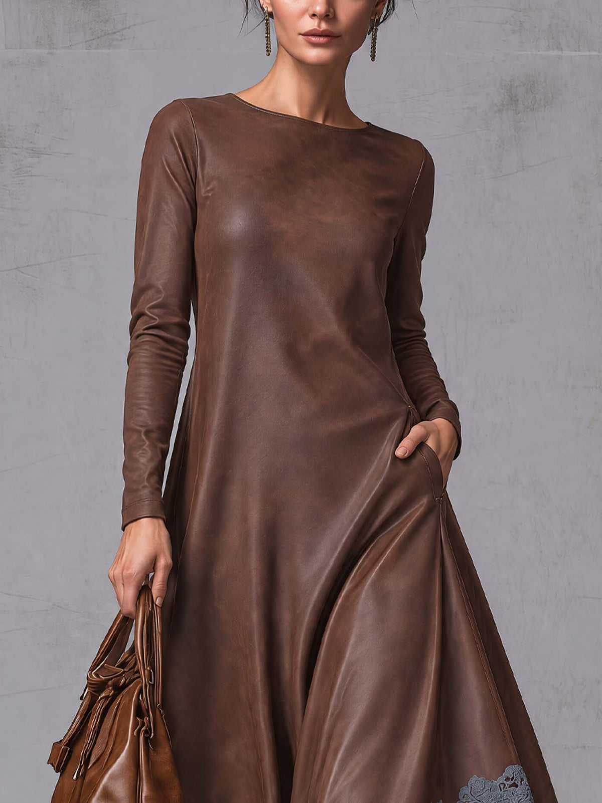 Chocolate Brown Faux Leather Maxi Dress With Lace Trim And Asymmetrical Hem