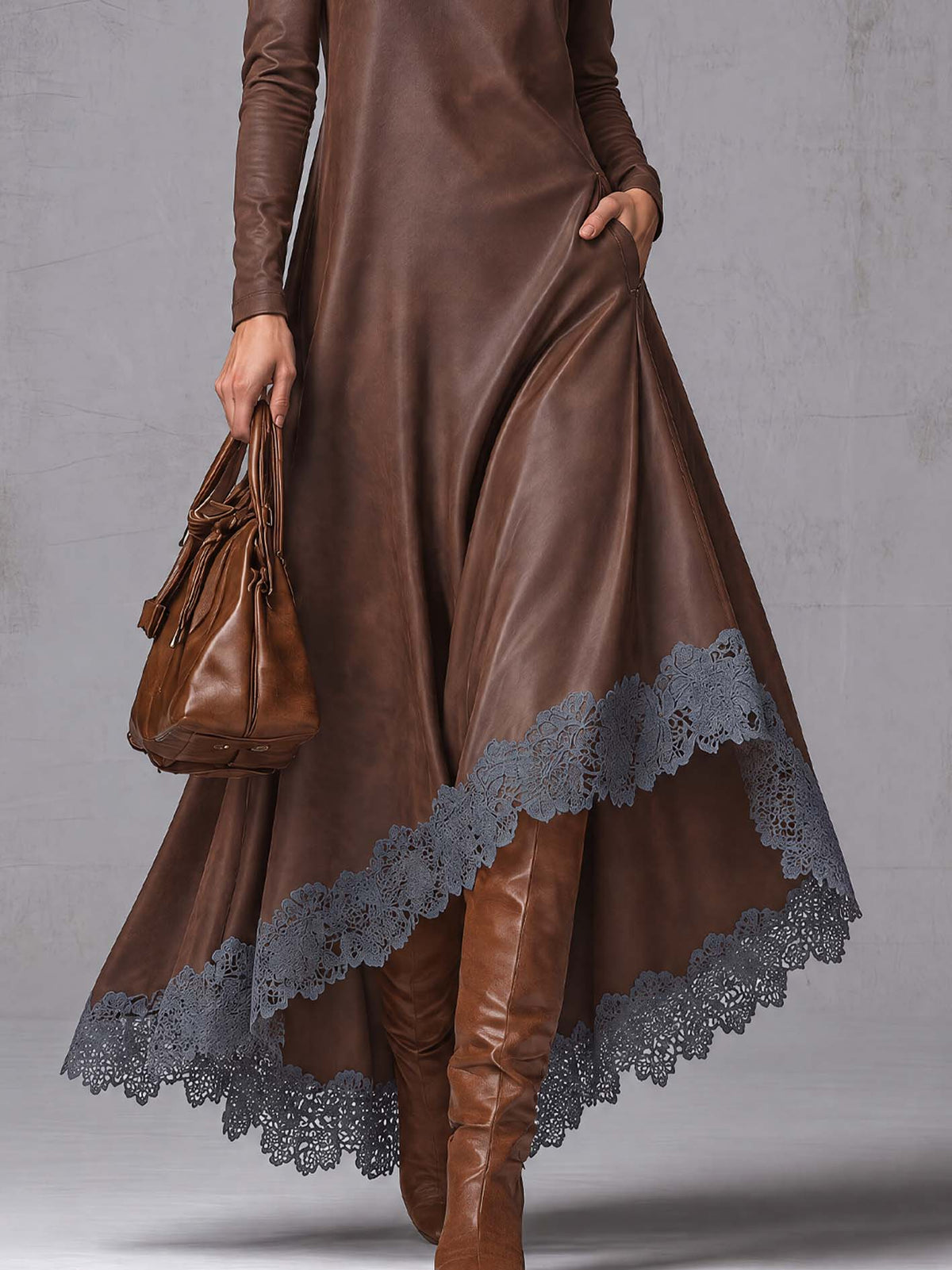 Chocolate Brown Faux Leather Maxi Dress With Lace Trim And Asymmetrical Hem