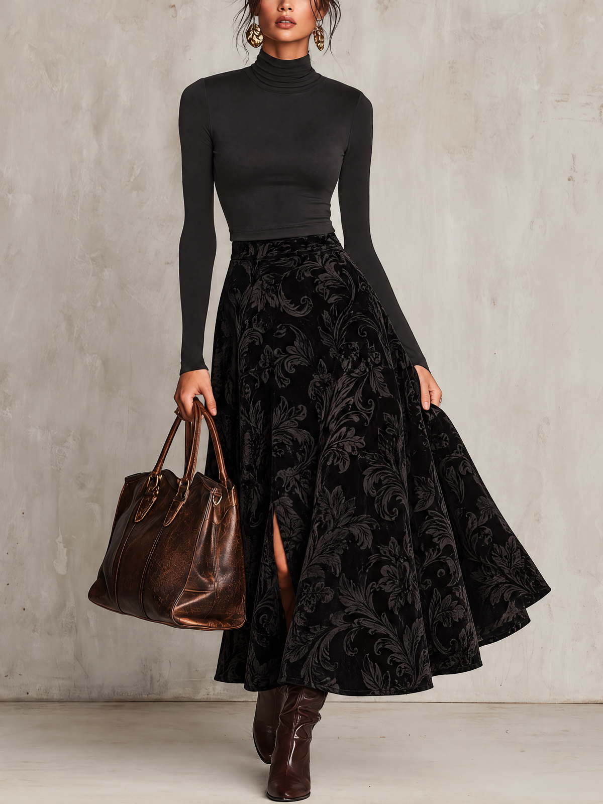 Black Fitted Turtleneck Top And Burnout Velvet Midi Skirt Two-Piece Set