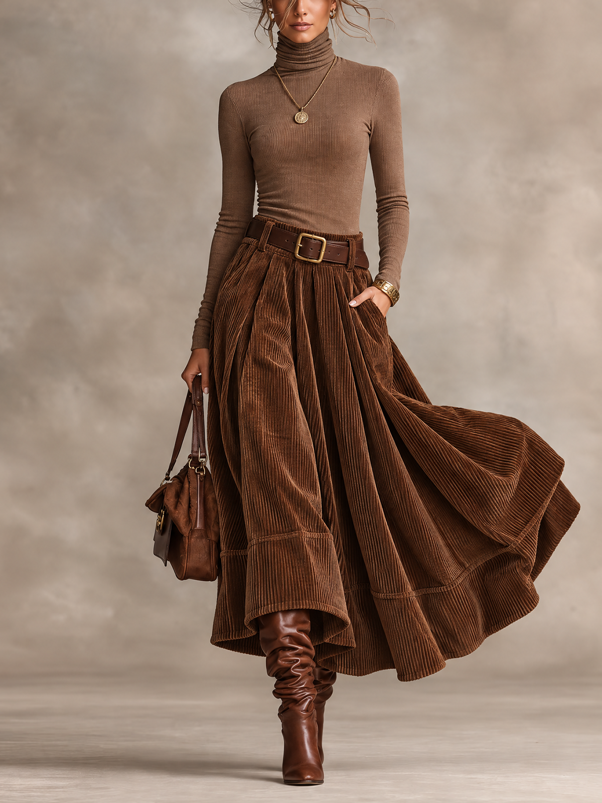 Brown Rib Turtleneck And Wide Wale Corduroy Maxi Skirt Set