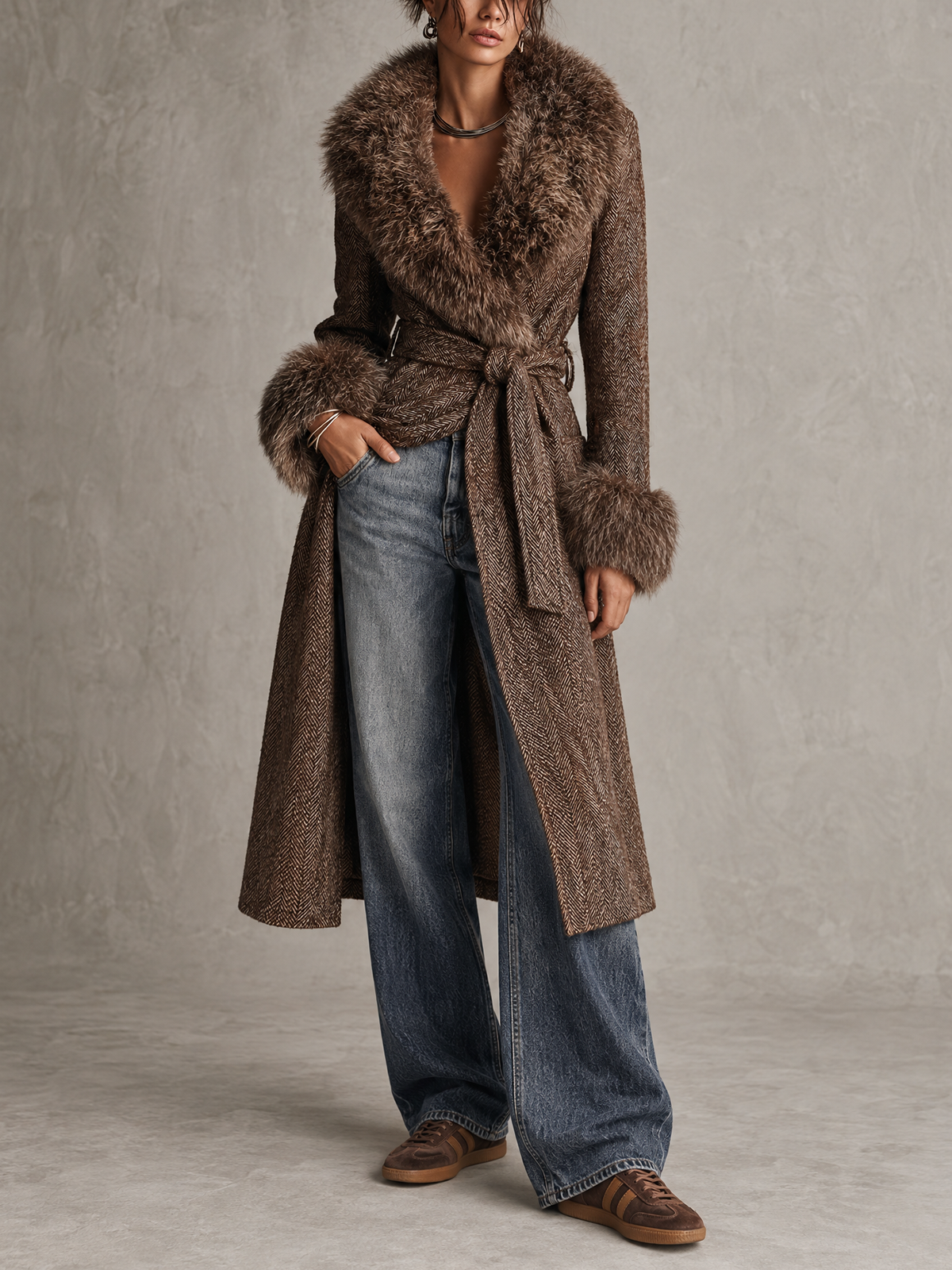 Brown Herringbone Wool Faux Fur Collar Belted Long Coat
