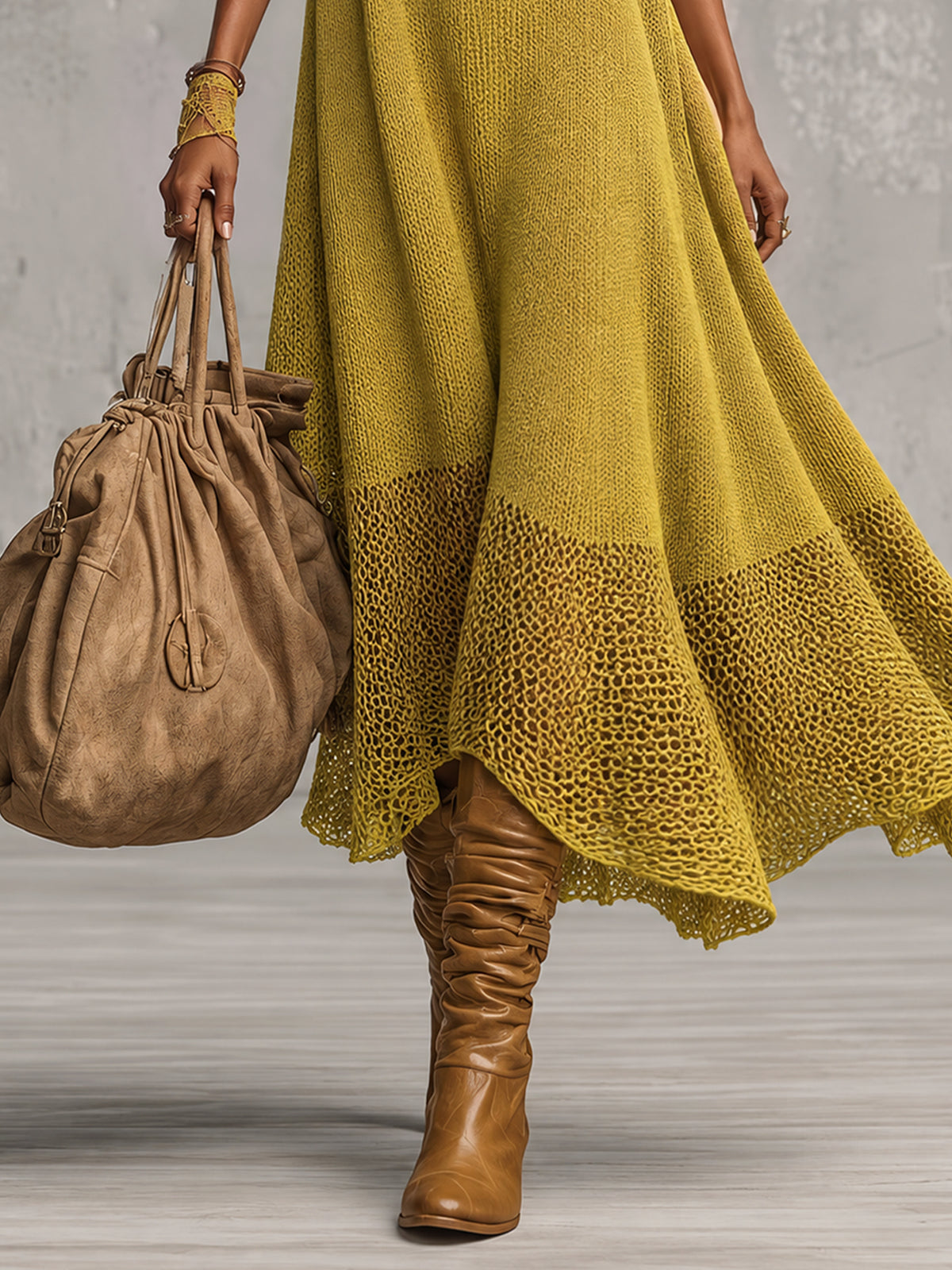 Mustard Yellow Oversized Turtleneck Open Knit Panel Long Sleeve Midi Dress
