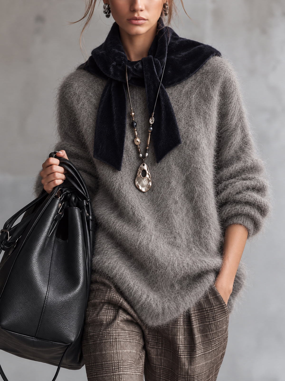 Gray Brushed Wool Blend Oversized Sweater With Navy Velvet Tie Collar