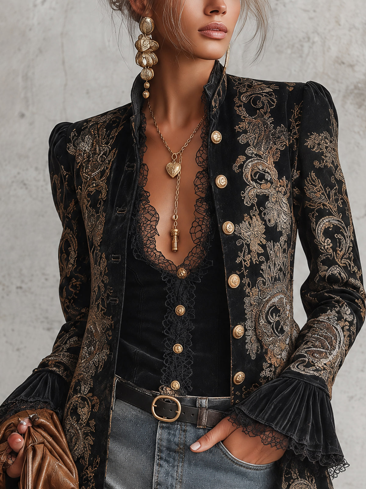 Black Velvet Vintage Baroque Print Stand Collar Longline Blazer