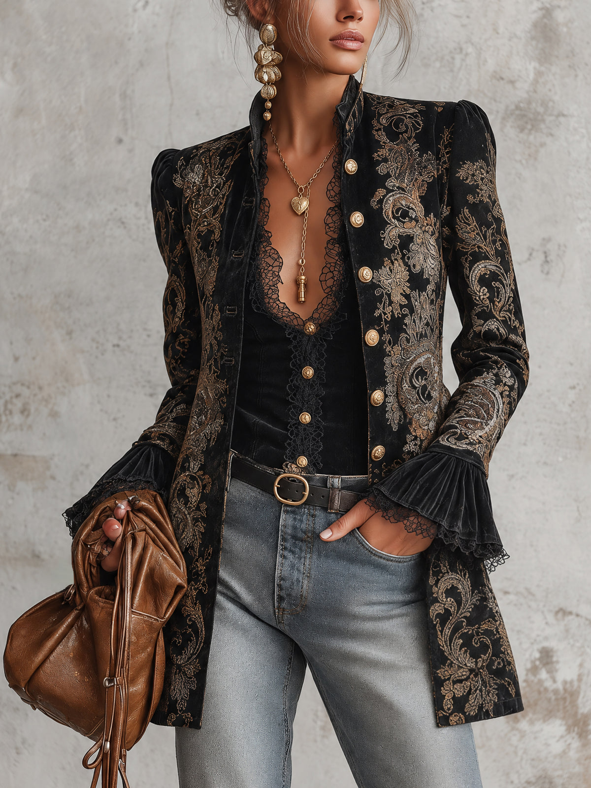 Black Velvet Vintage Baroque Print Stand Collar Longline Blazer