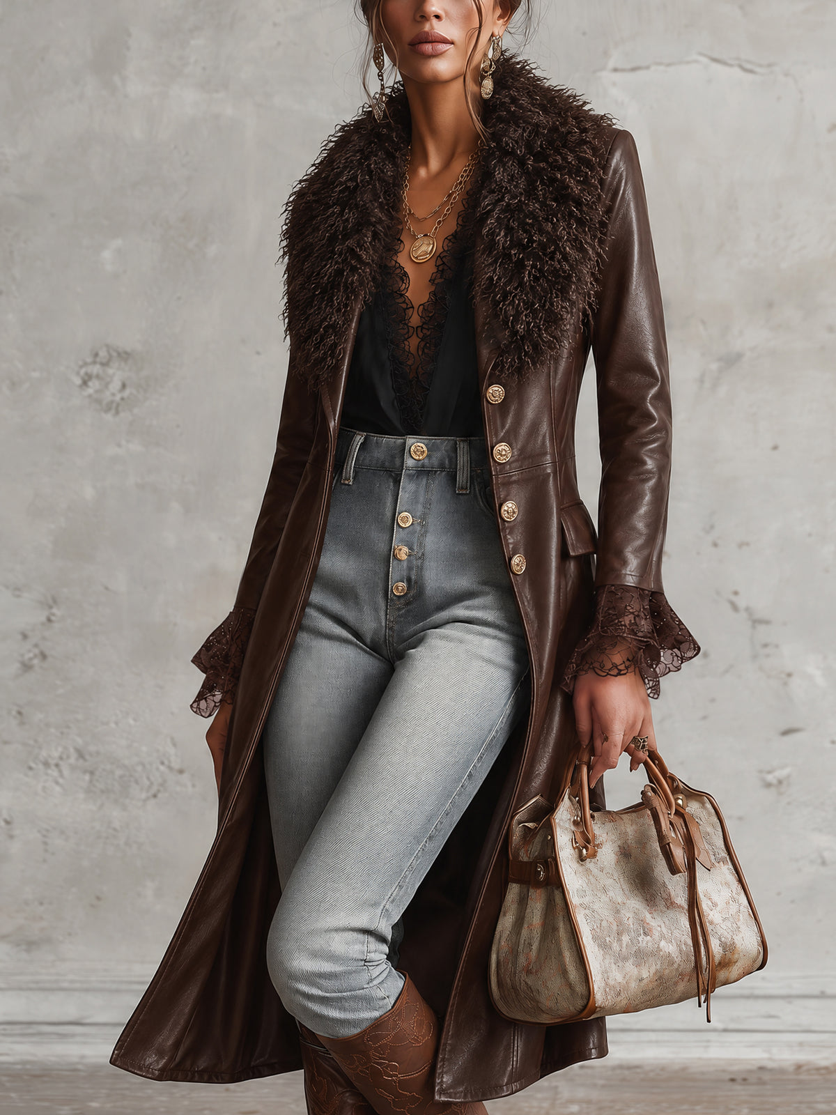 Chocolate Brown Faux Leather Longline Coat With Detachable Faux Fur Collar