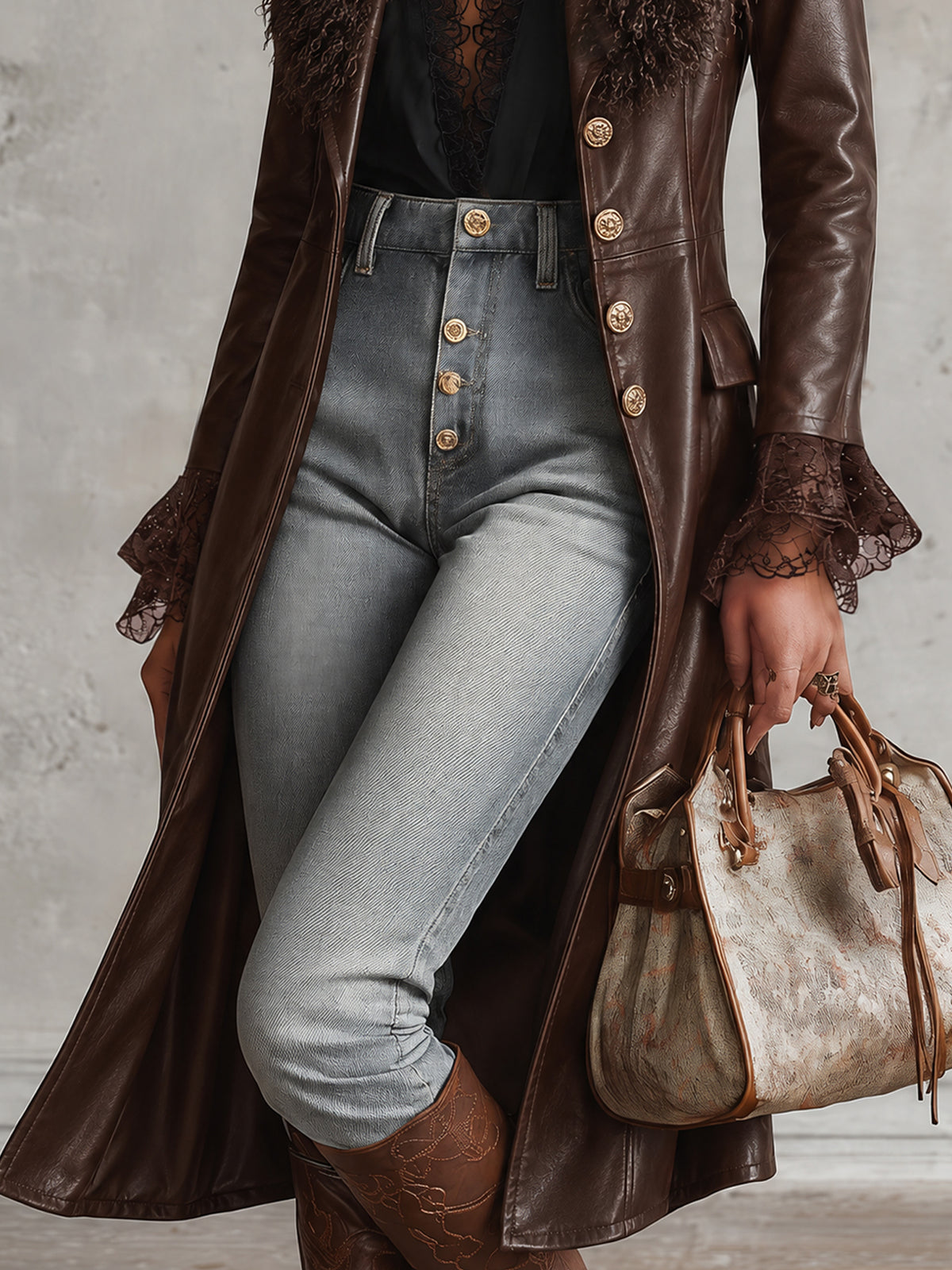 Chocolate Brown Faux Leather Longline Coat With Detachable Faux Fur Collar