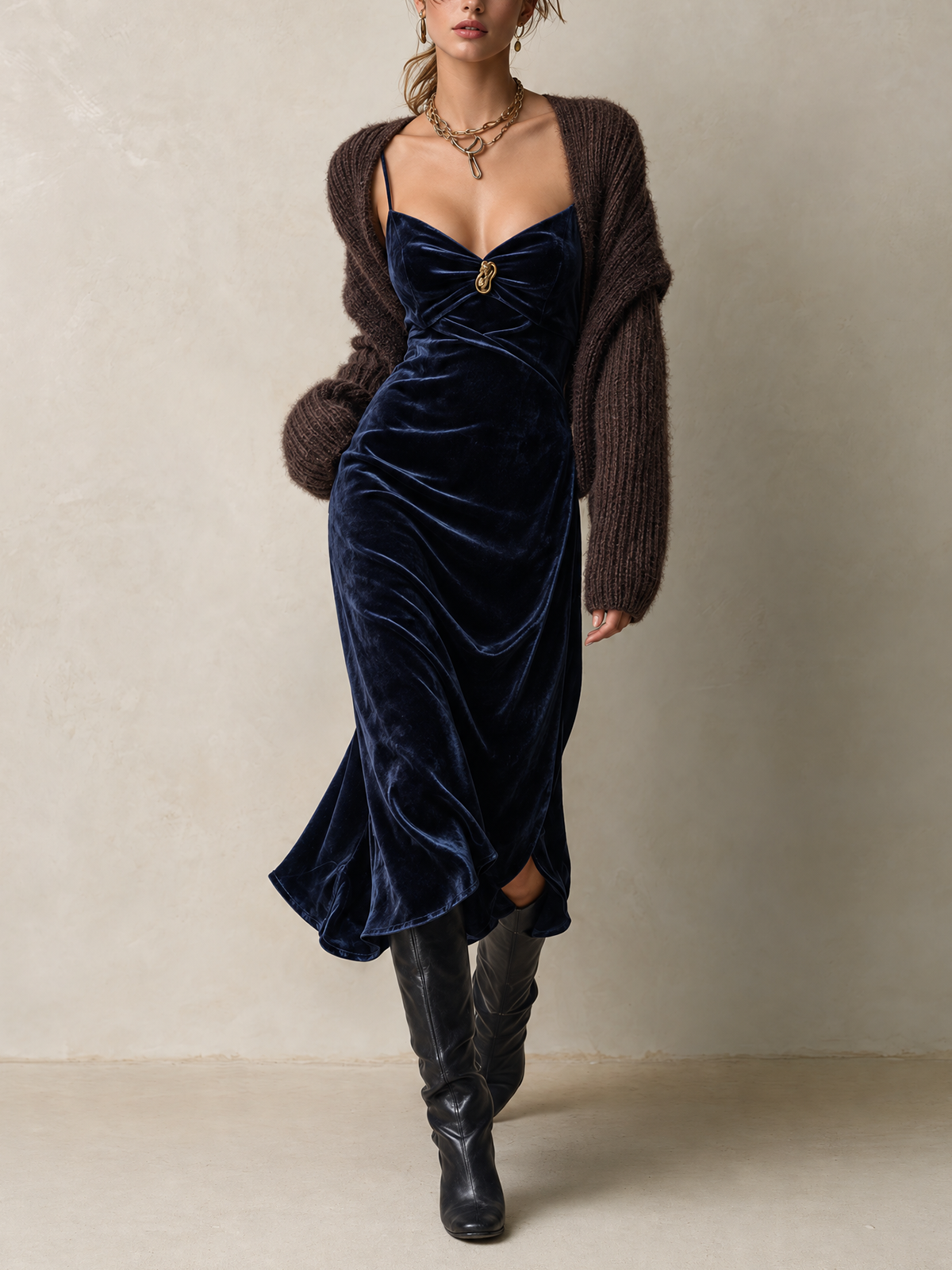 Navy Velvet Cami Midi Dress And Chunky Knit Shrug Set