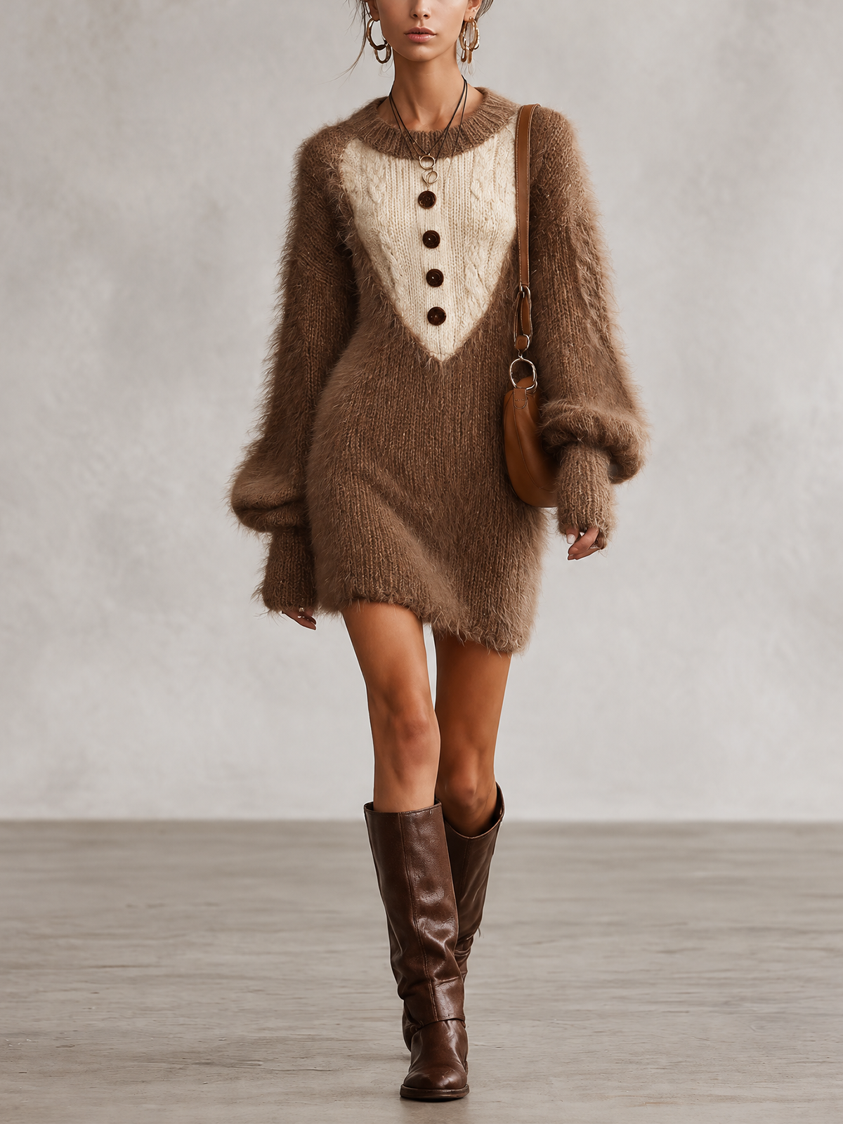 Brown Fuzzy Color Block Cable Knit Mini Sweater Dress