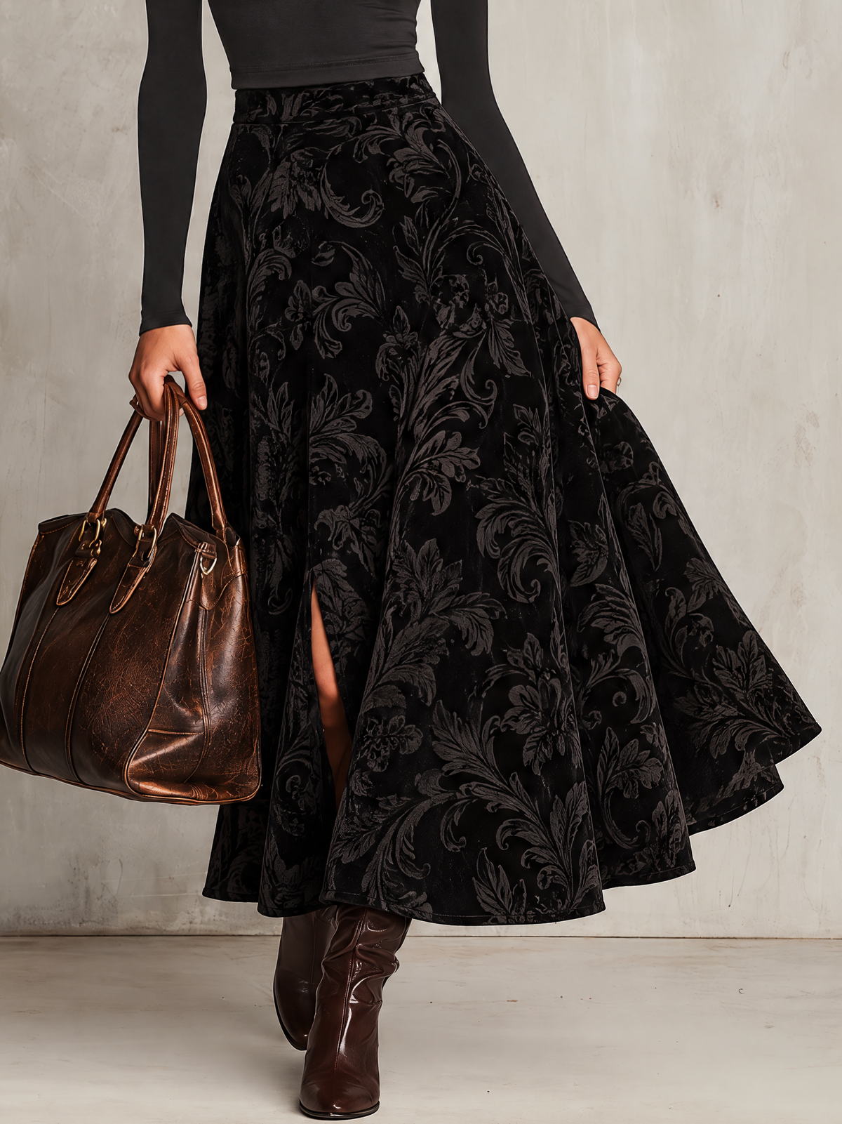 Black Fitted Turtleneck Top And Burnout Velvet Midi Skirt Two-Piece Set