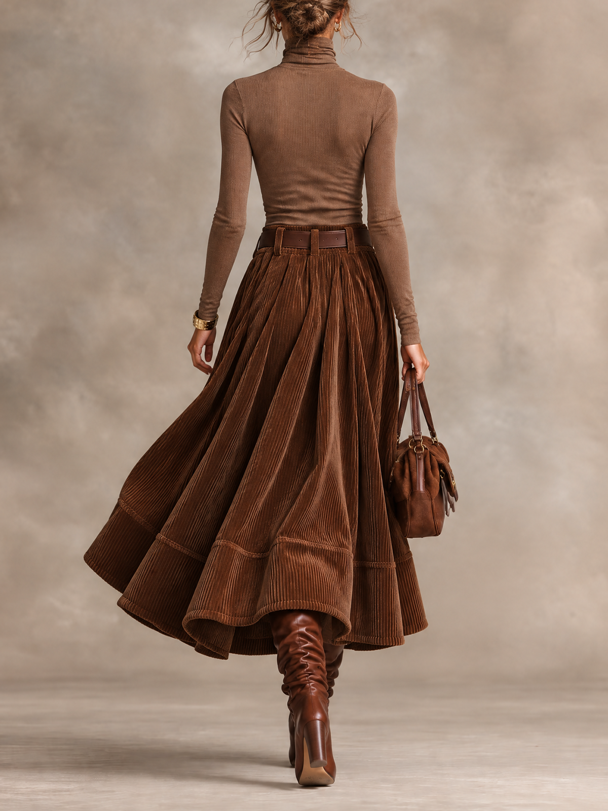 Brown Rib Turtleneck And Wide Wale Corduroy Maxi Skirt Set