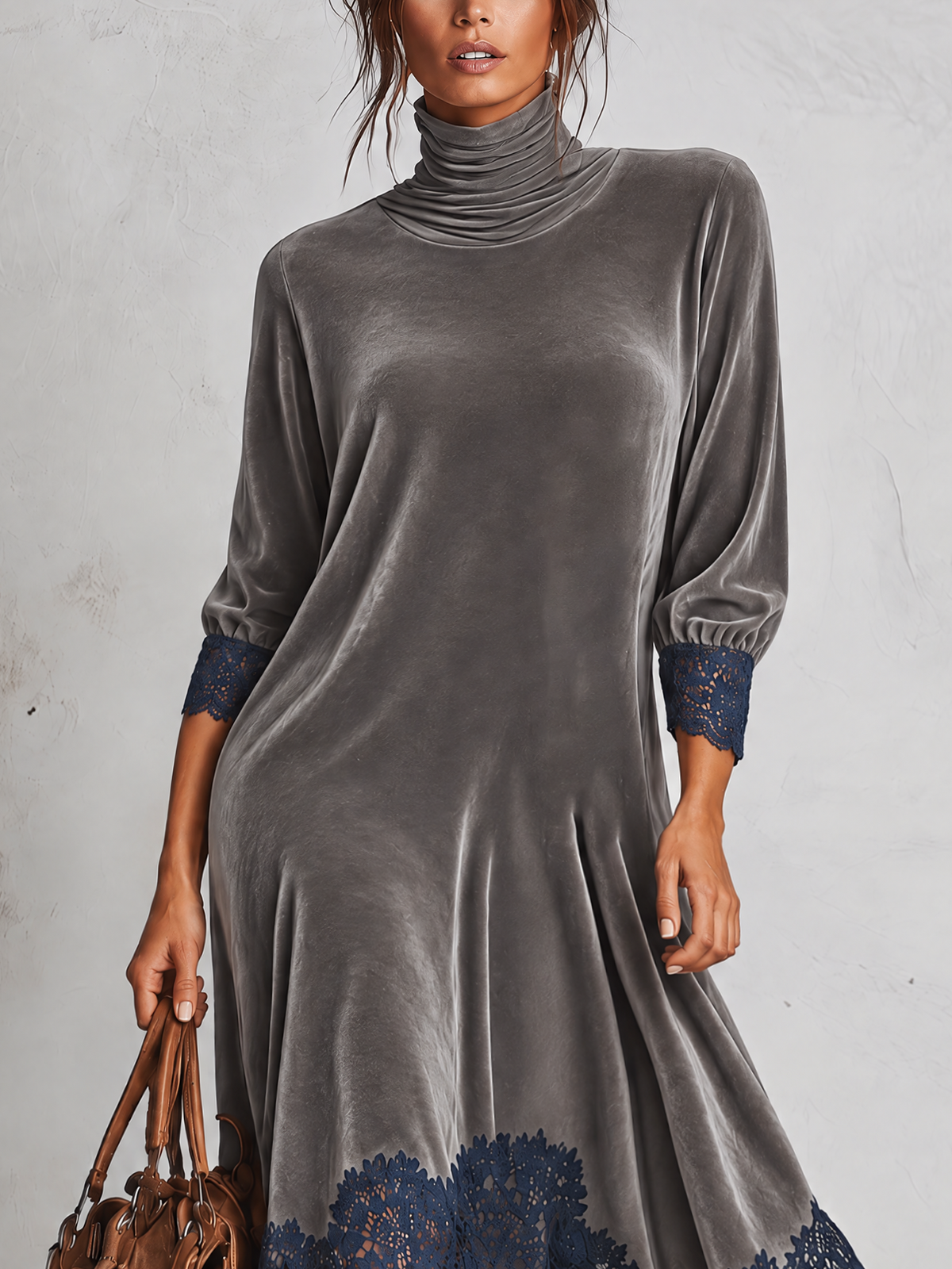 Grey Velvet Maxi Dress With Navy Blue Lace Patchwork