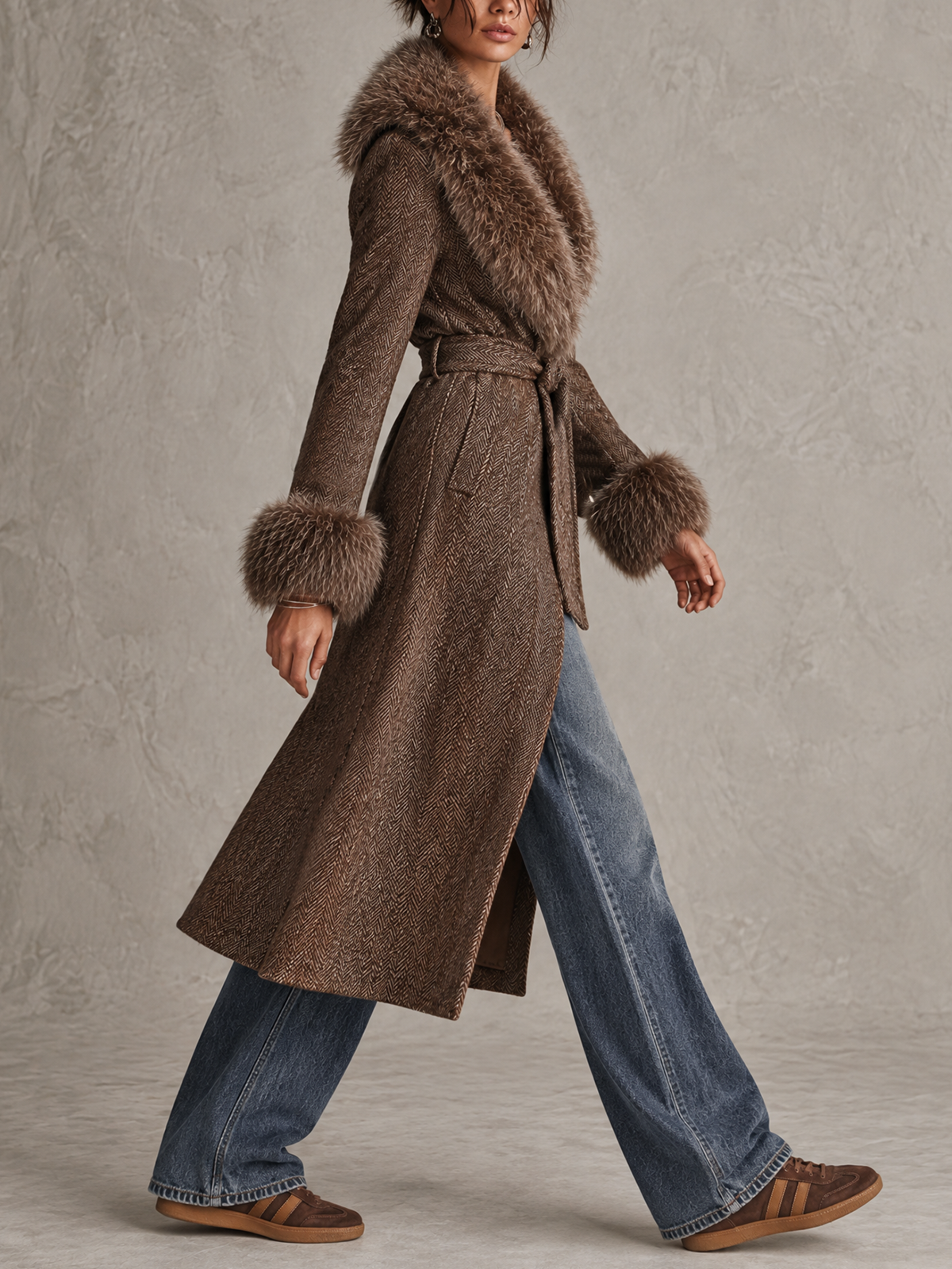 Brown Herringbone Wool Faux Fur Collar Belted Long Coat
