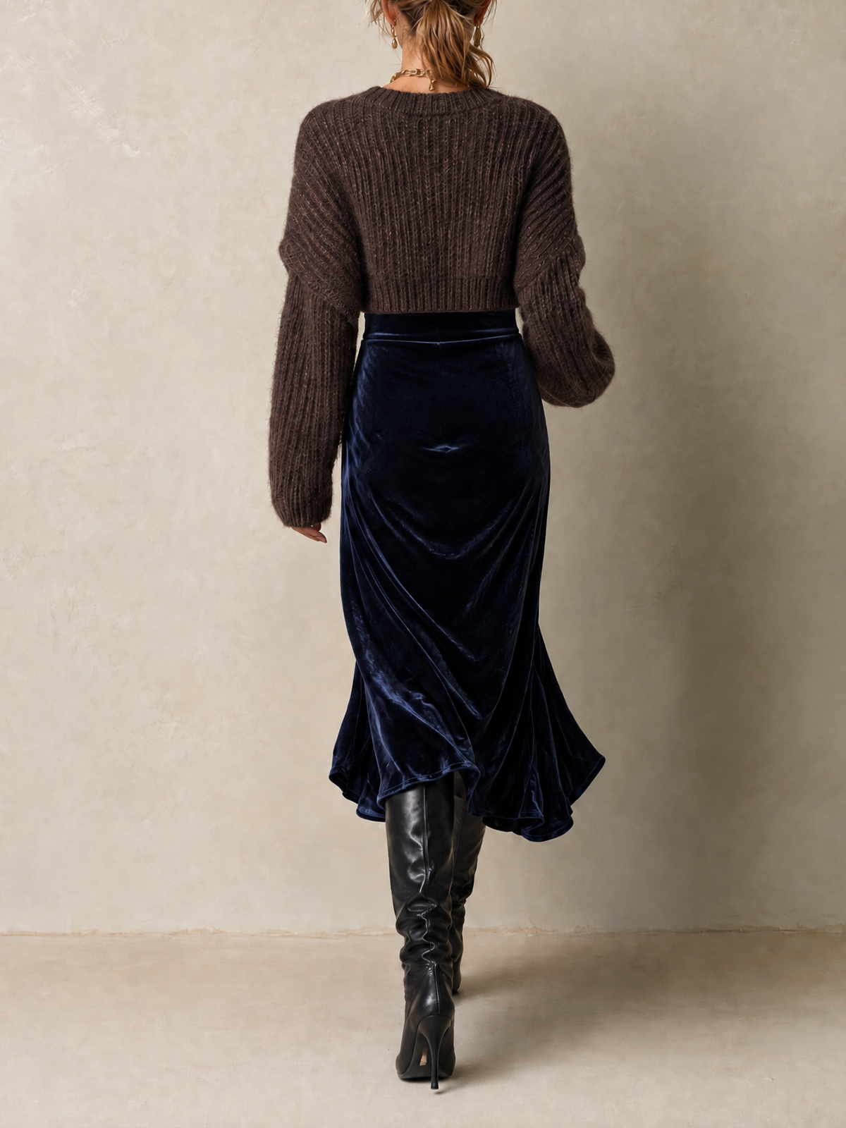 Navy Velvet Cami Midi Dress And Chunky Knit Shrug Set