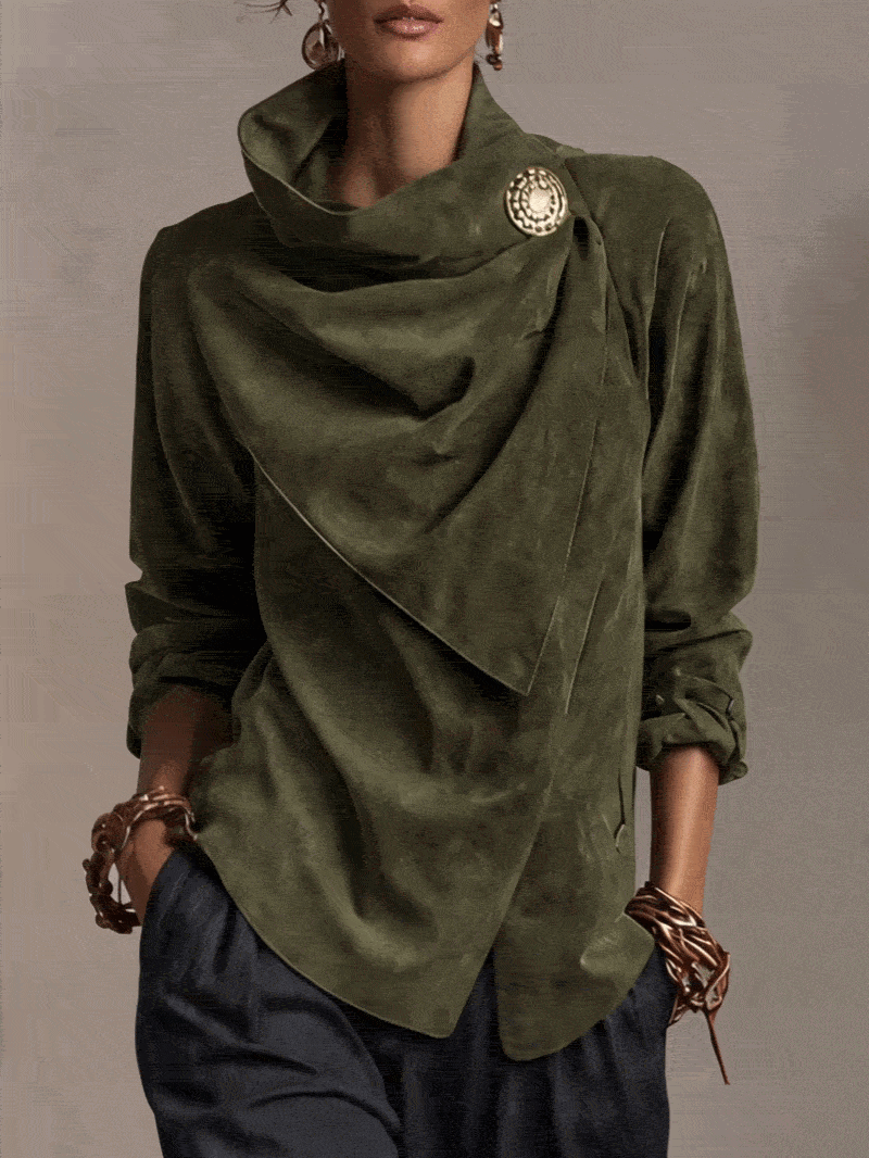 Olive Suede Draped Cowl Neck Wrap Blouse