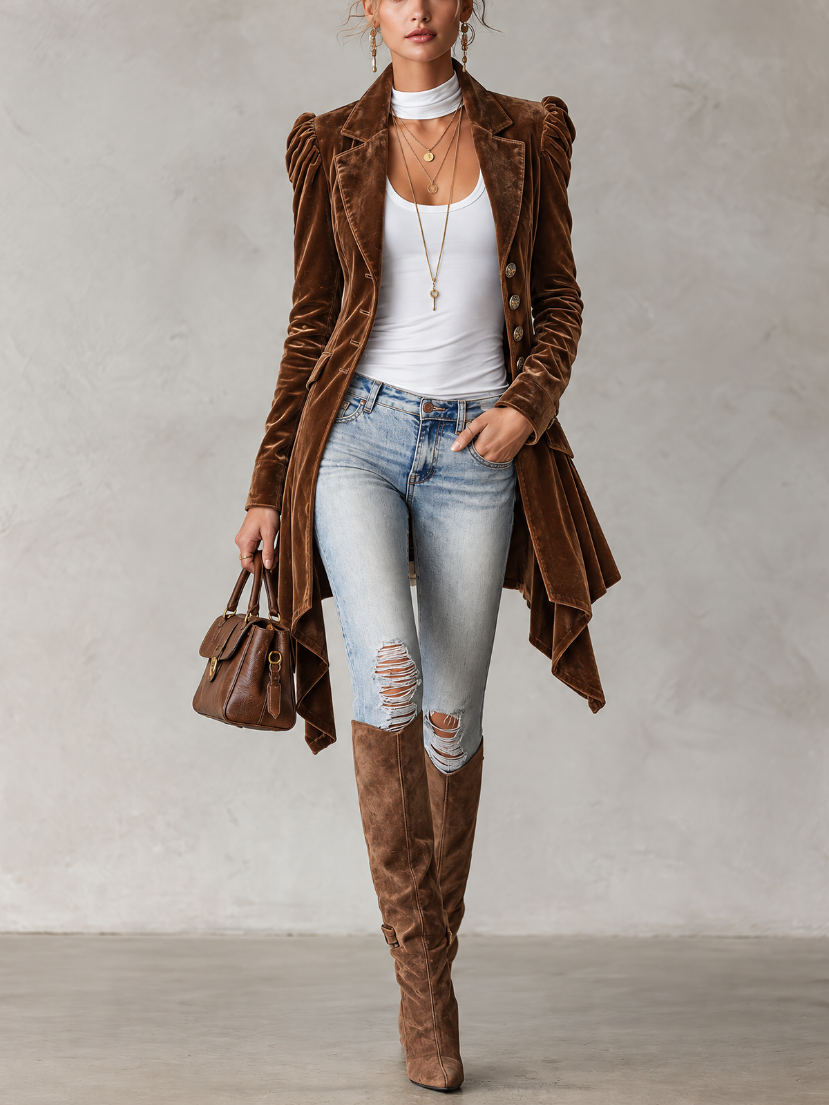 Brown Velvet Puff Shoulder Asymmetric Tailored Long Coat