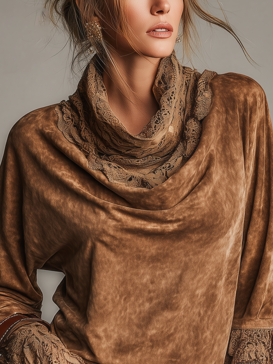 Brown Washed Faux Suede Cowl Neck Top With Lace Patchwork