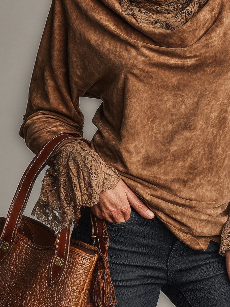 Brown Washed Faux Suede Cowl Neck Top With Lace Patchwork